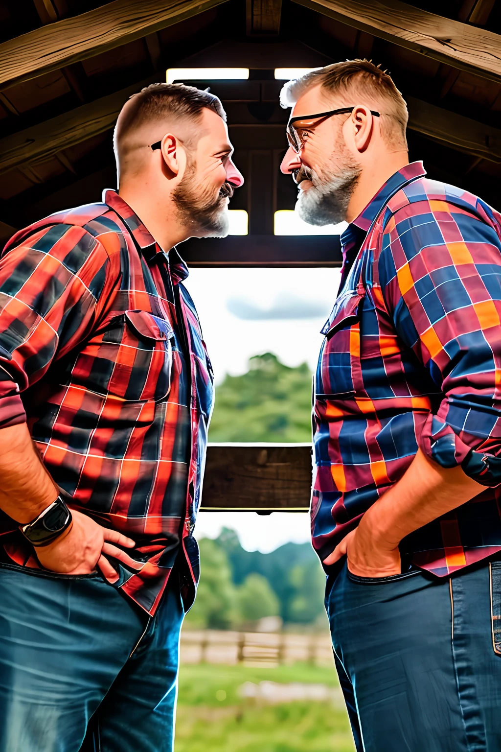 Two lumberjack-style men, mature, about 50 years old, burly, with plaid shirt and jeans with lumberjack boots. Romantic dinner in a rustic farm setting. Whole body. Beer glasses. The men are looking at each other and kissing passionately. Romantic scene on a farm at sunset. The sky is yellowish, reddish and orange. Photorealistic scene, super detailed and realistic. Natural ambient lighting entering light through the window. Depth of field of the lens. 8k