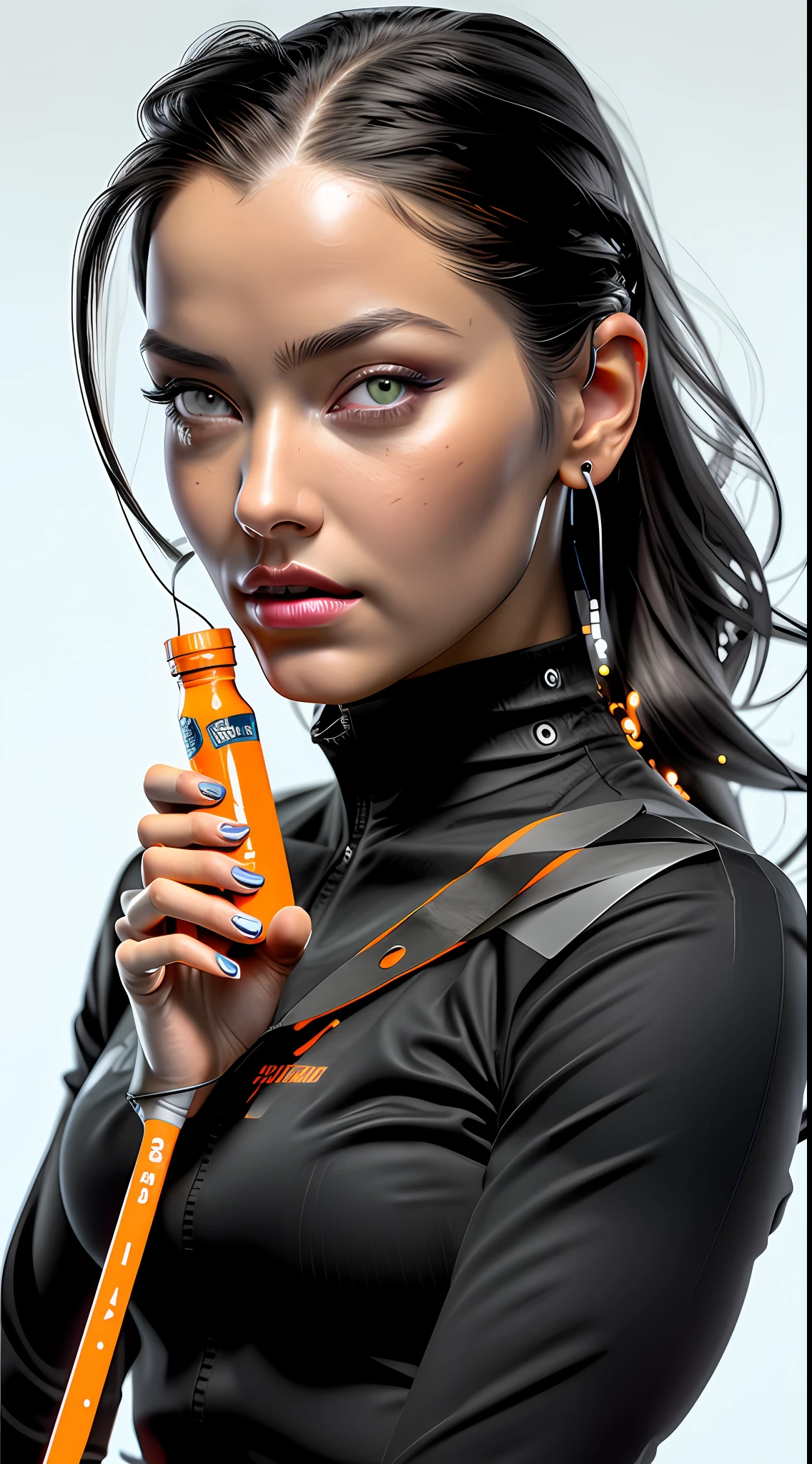 Best quality, realistic, award-winning illustration, (complicated detail: 1.2), (fine detail), (complicated detail), (cinematic lights, best quality), sharp lines, sharp focus, official art, 16k, ultra detailed complex 3d rendering of a beautiful porcelain profile woman android face, cyborg, robotic parts, wearing black and orange cap, splash graphite background, splash dulce de leche, (holding a can of candy: 1.3), anatomical, facial muscles, electrical cables, microchip, wearing black apron with orange, wearing jeans, octane rendering, H. R. Giger style, extremely detailed CGI, studio photography, 16k, white background.
