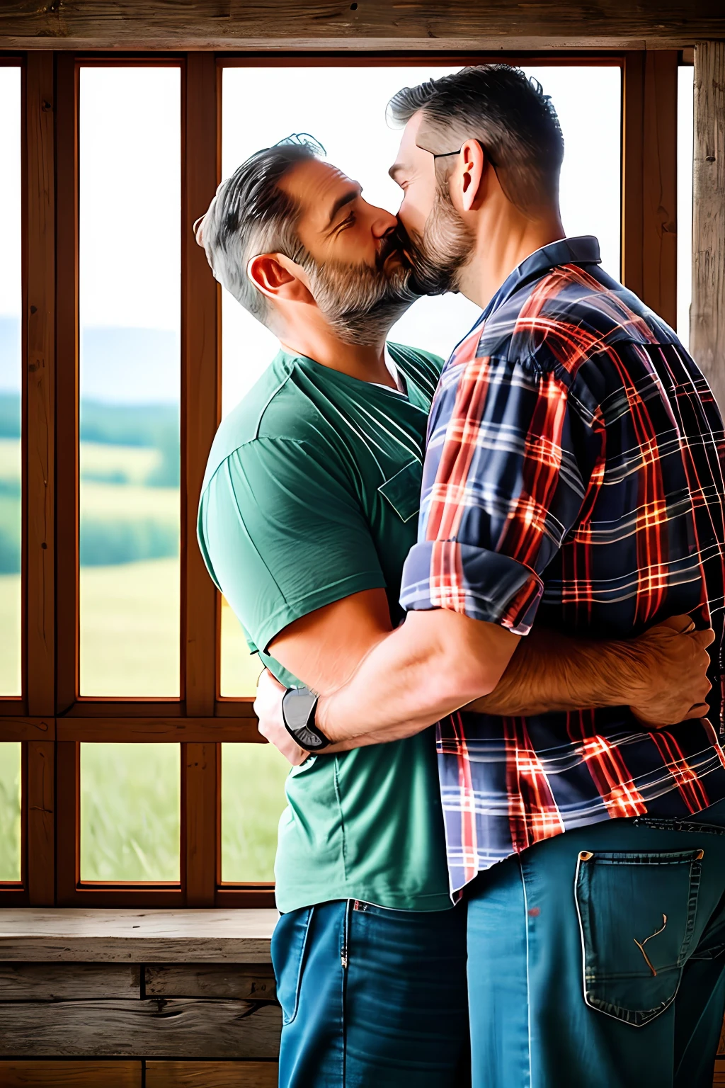 Two lumberjack-style men, mature, about 50 years old, burly, with plaid shirt and jeans with lumberjack boots. Romantic dinner in a rustic farm setting. Whole body. Beer glasses. The men are looking at each other and kissing passionately. Romantic scene on a farm at sunset. The sky is yellowish, reddish and orange. Photorealistic scene, super detailed and realistic. Natural ambient lighting entering light through the window. Depth of field of the lens. 8k