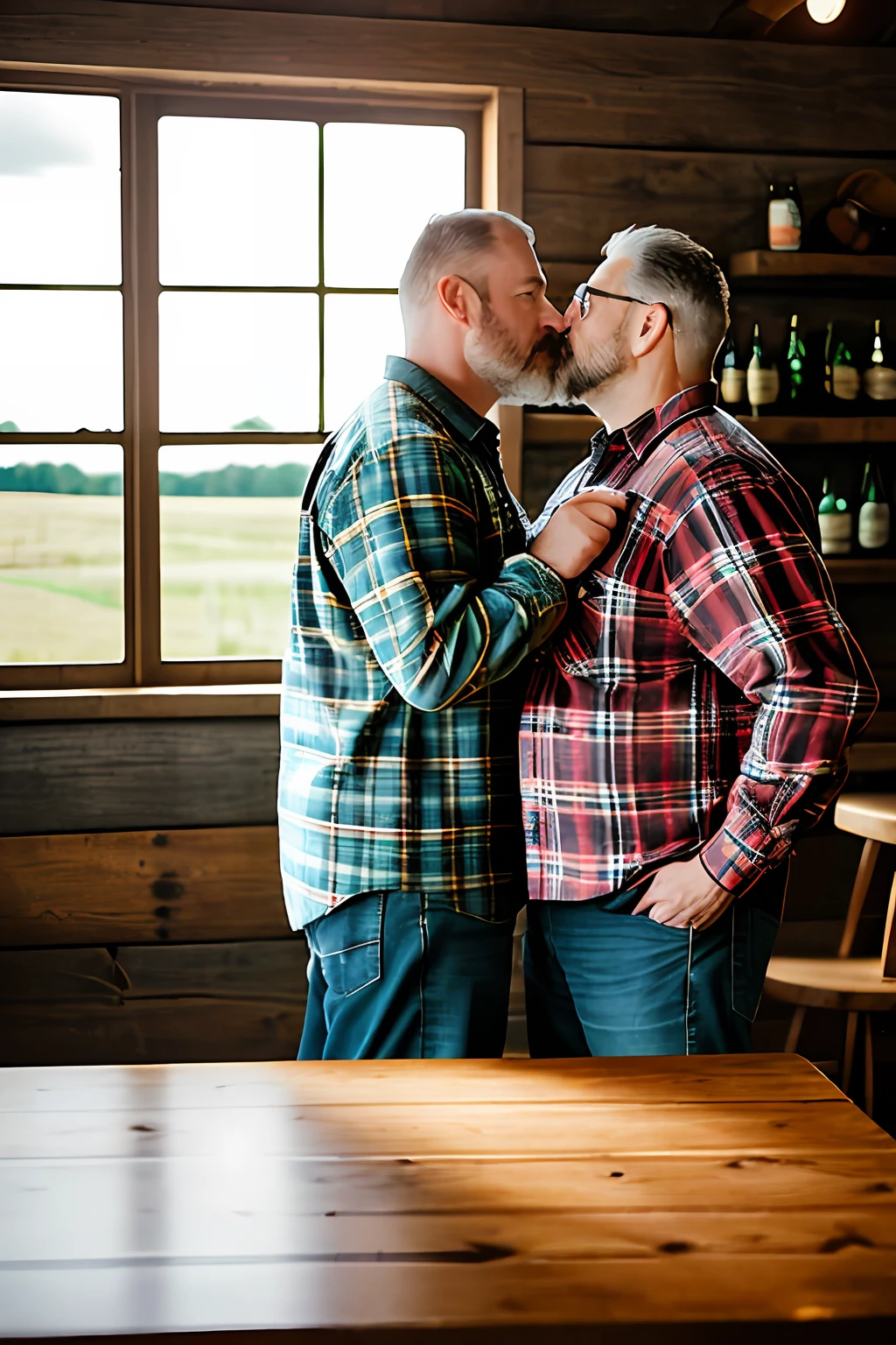 Two lumberjack-style men, mature, about 50 years old, burly, with plaid shirt and jeans with lumberjack boots. Romantic dinner in a rustic farm setting. Whole body. Beer glasses. The men are looking at each other and kissing passionately. Romantic scene on a farm at sunset. The sky is yellowish, reddish and orange. Photorealistic scene, super detailed and realistic. Natural ambient lighting entering light through the window. Depth of field of the lens. 8k