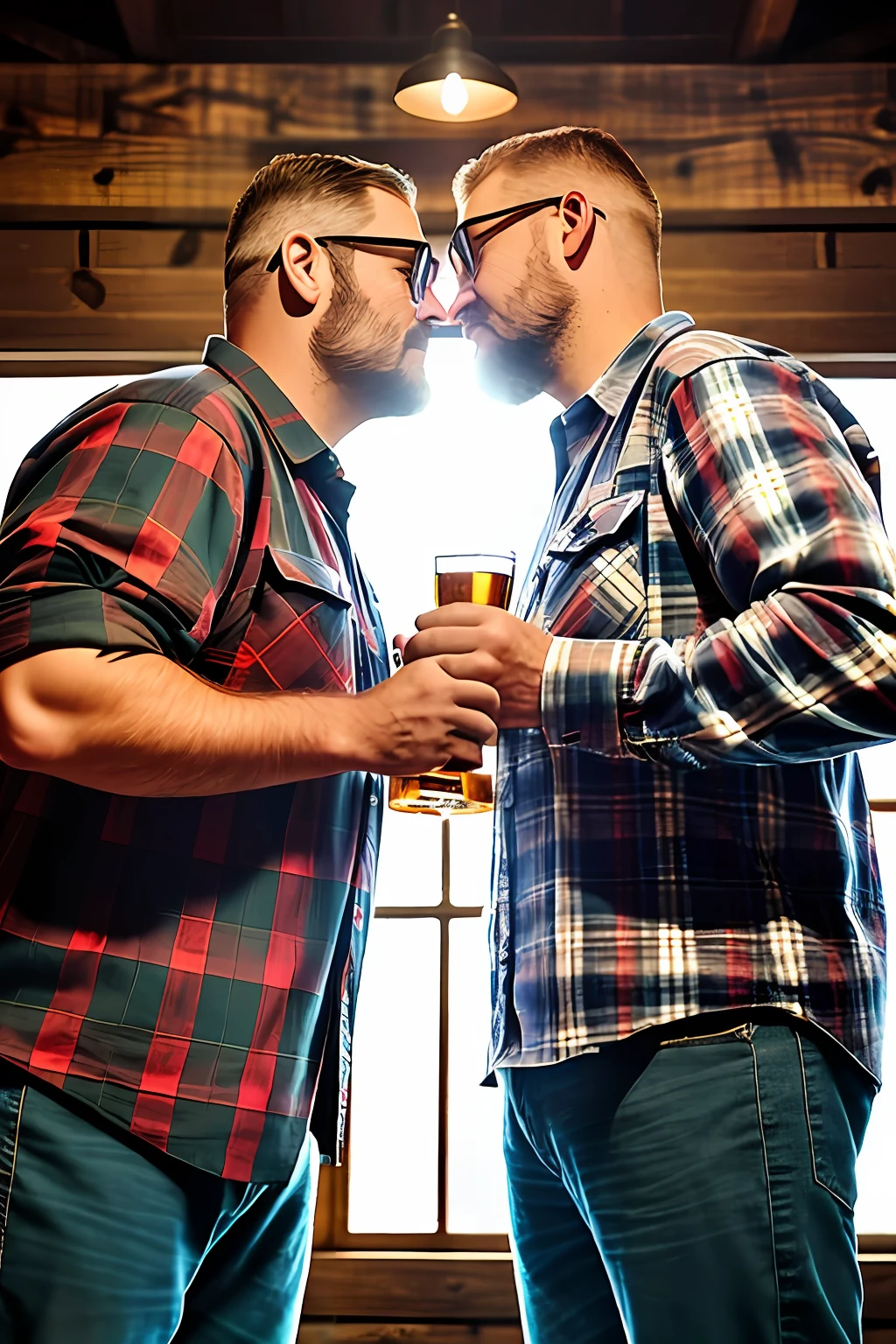 Two lumberjack-style men, mature, about 50 years old, burly, with plaid shirt and jeans with lumberjack boots. Romantic dinner in a rustic farm setting. Whole body. Beer glasses. The men are looking at each other and kissing passionately. Romantic scene on a farm at sunset. The sky is yellowish, reddish and orange. Photorealistic scene, super detailed and realistic. Natural ambient lighting entering light through the window. Depth of field of the lens. 8k
