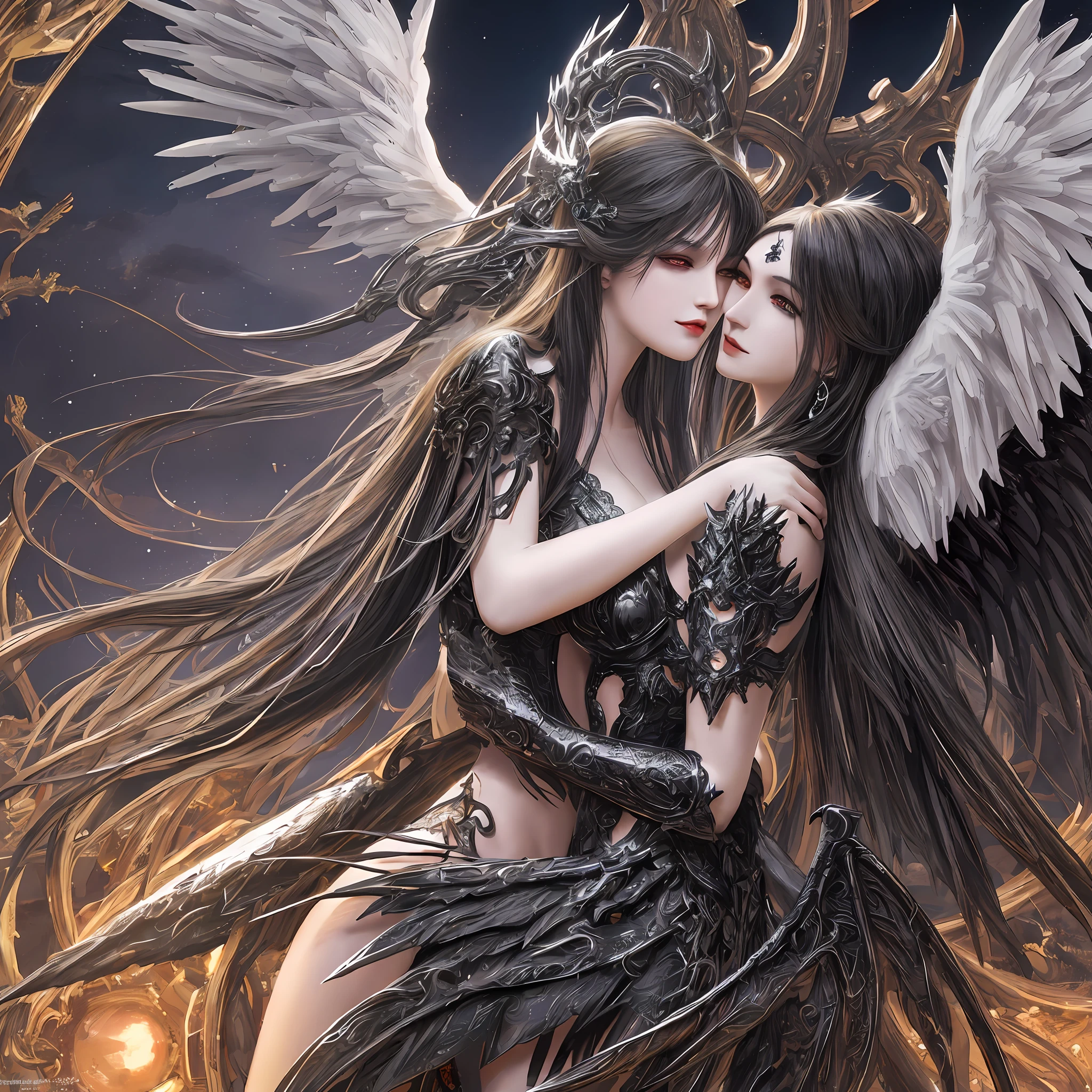 ultra detailed angel with bright wings hugging a demon with broken black bat wings, angel and demon hugging, well placed wings, stuningly beautiful face, focus on face, beautifully detailed hugging pose in the style of Luis Royo, WLOP, hit definition, 32k resolution, best quality