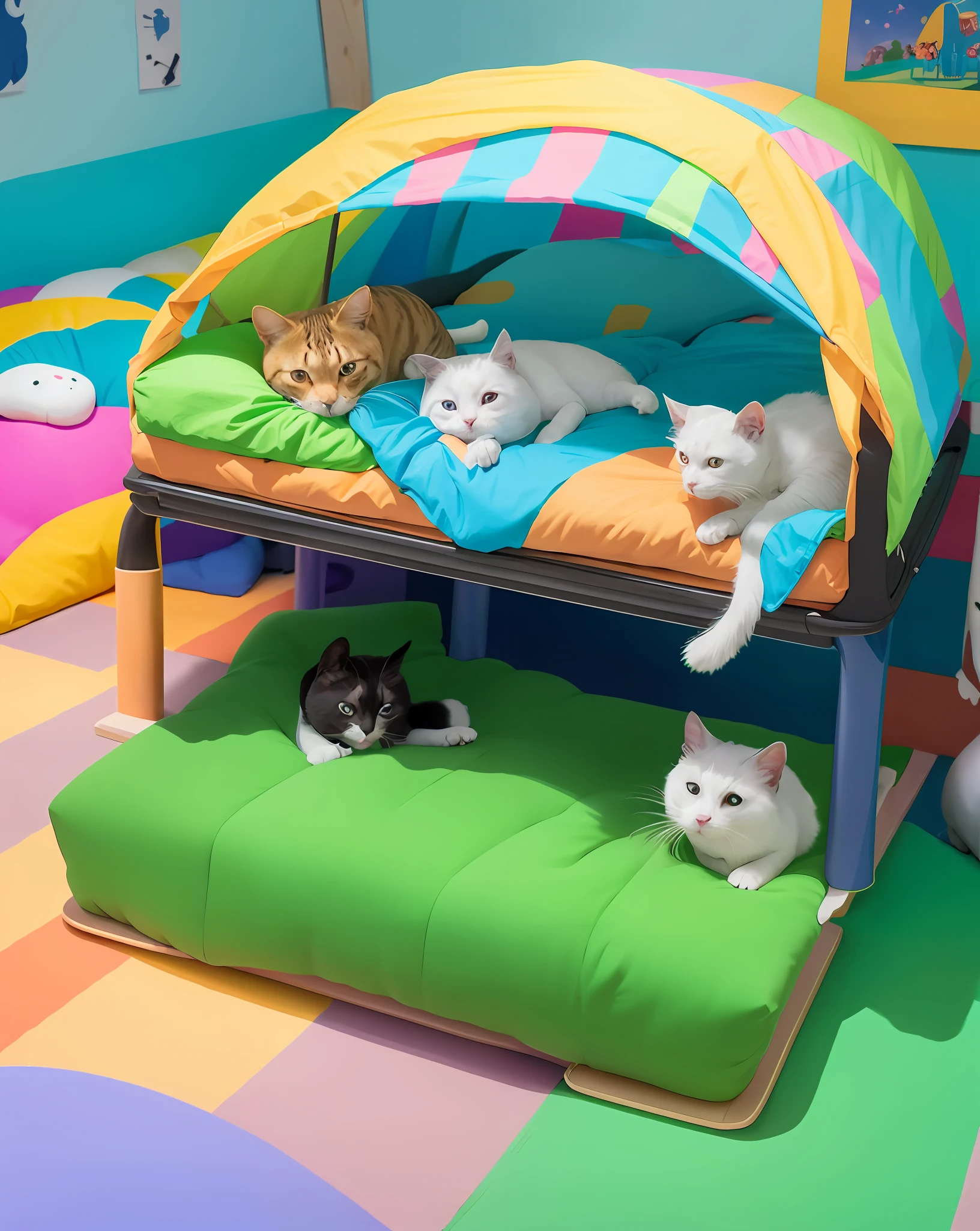 there are two cats laying on a bed with a cat toy, cats party, beautiful neon cats, in a colorful tent, 🐋 as 🐘 as 🤖 as 👽 as 🐳, high quality picture, real-life tom and jerry, [ realistic photo ]!!, cats on her side, highly colorful, cats sleeping, there is a cat next to her