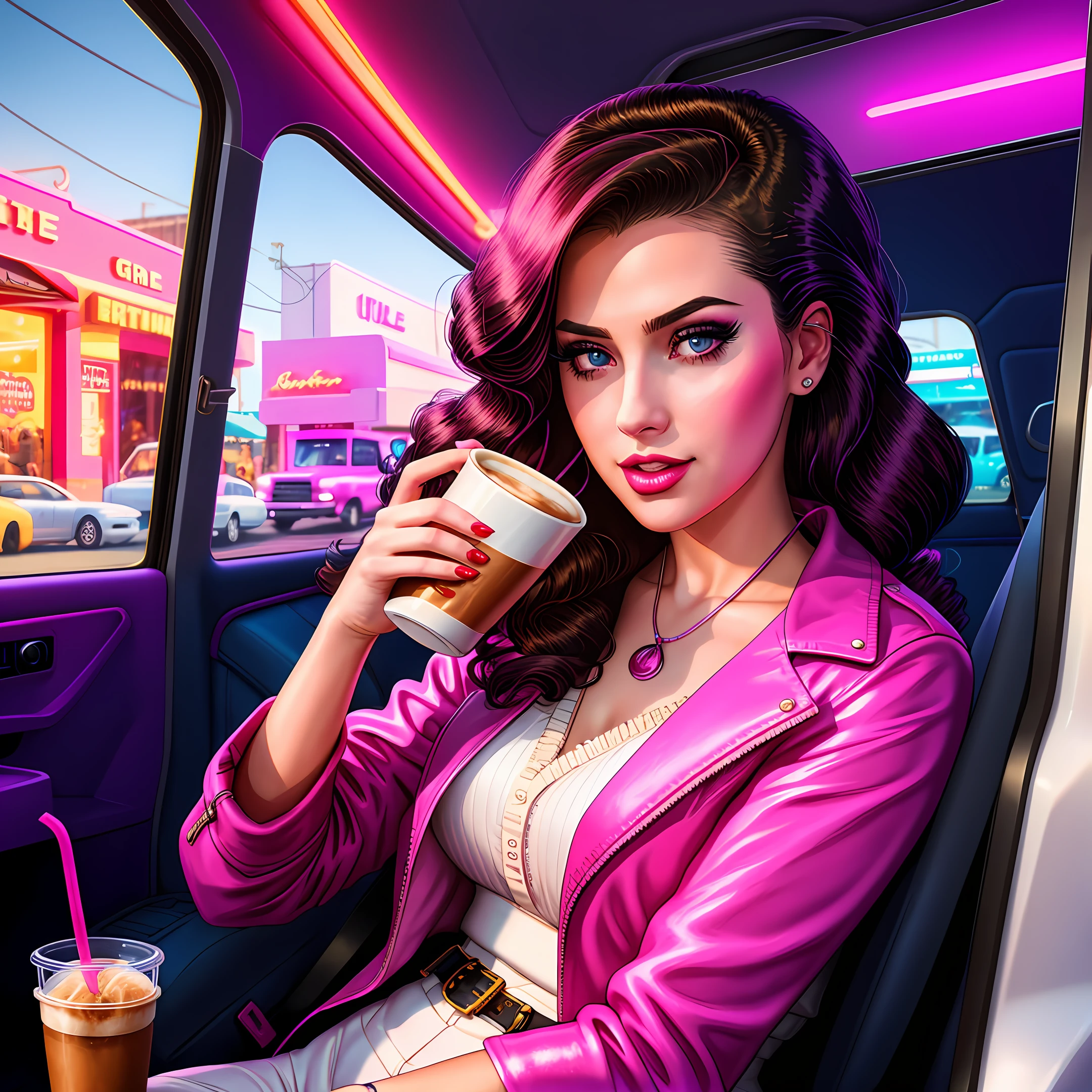 syntwave, retrowave, girl drink coffee near retro GMC car, 16k, natural lights, ultra realistic, wide angle, UHD
