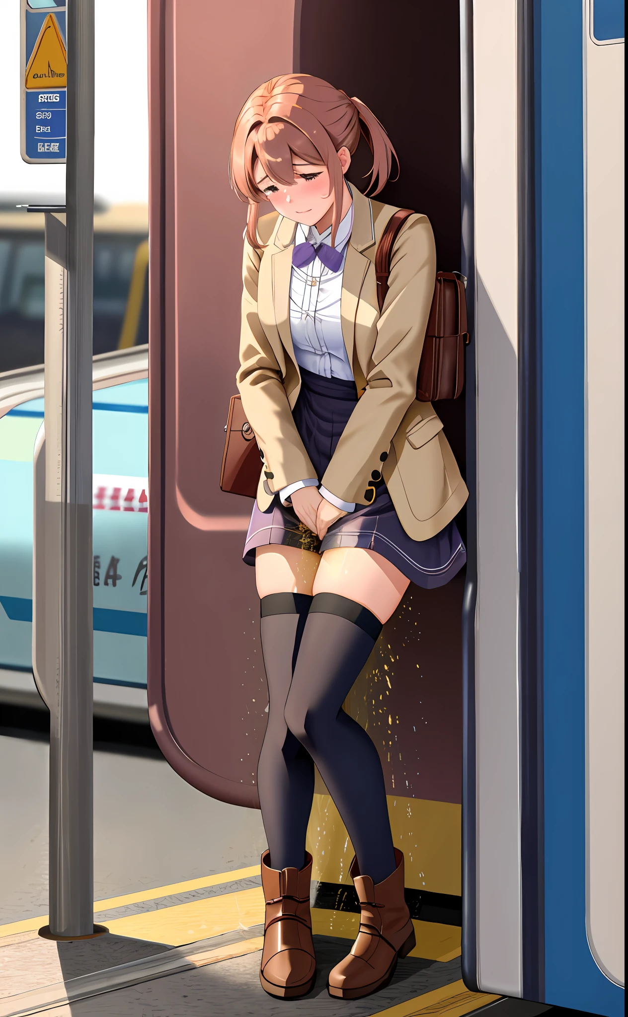 violet evergarden, peeing herself, peeing, peeing self, very desperate to pee, at a train station, full face blush, sad, crying, flustered, pubic hair, black stockings brown boots ruffled panties, peeing, peeing self, peeing, peeing self, pee puddle, puddle of her own urine is forming around her feet, holding small briefcase, long dress,