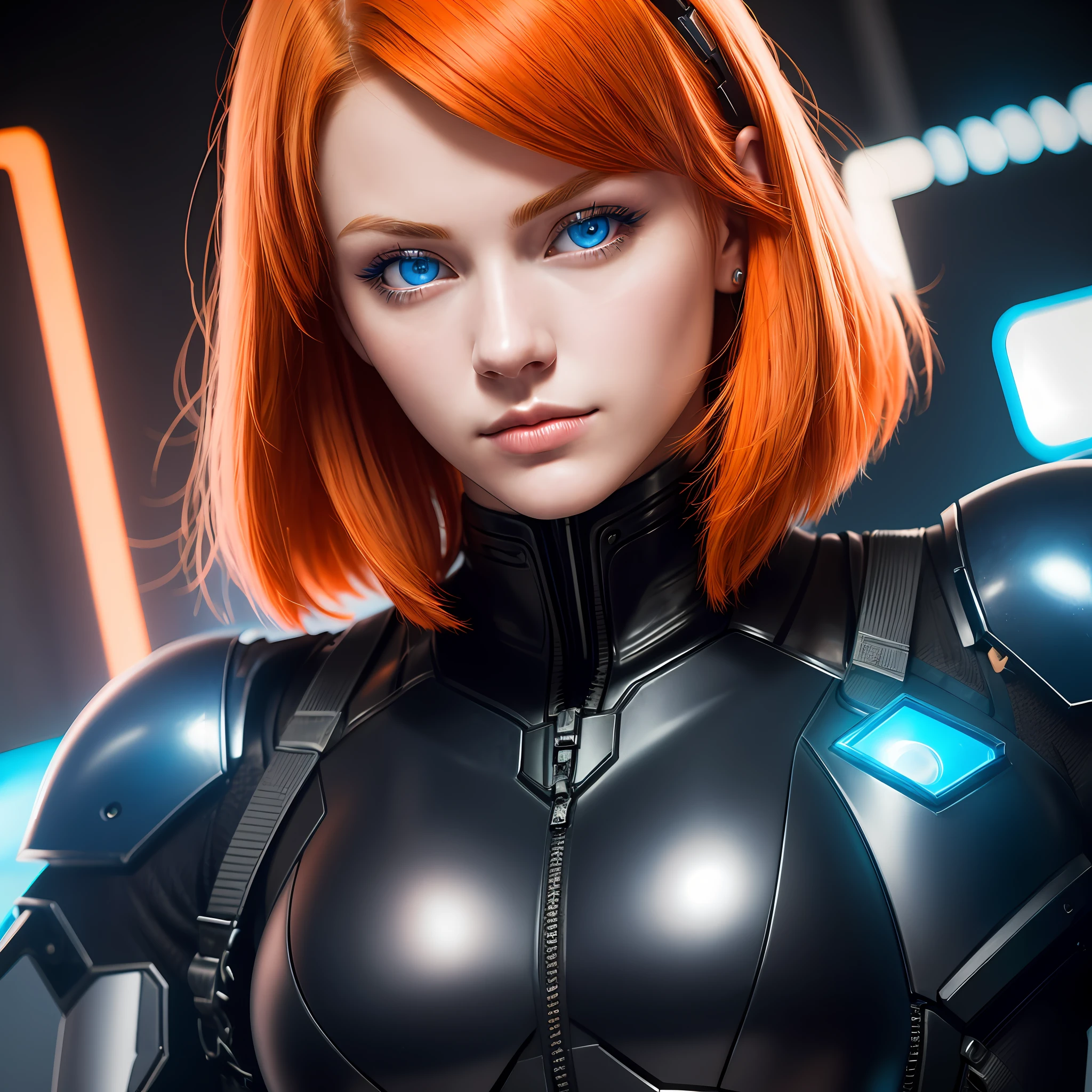 detailed portrait of a 23 years old girl, blue eyes, cyber-swat team killer, very close-up, futuristic tight bodysuit, 23 years, orange hair, very short hair, beautiful, lips, best quality, (realistic) , neon lights, (dynamic pose), (Dutch angle)