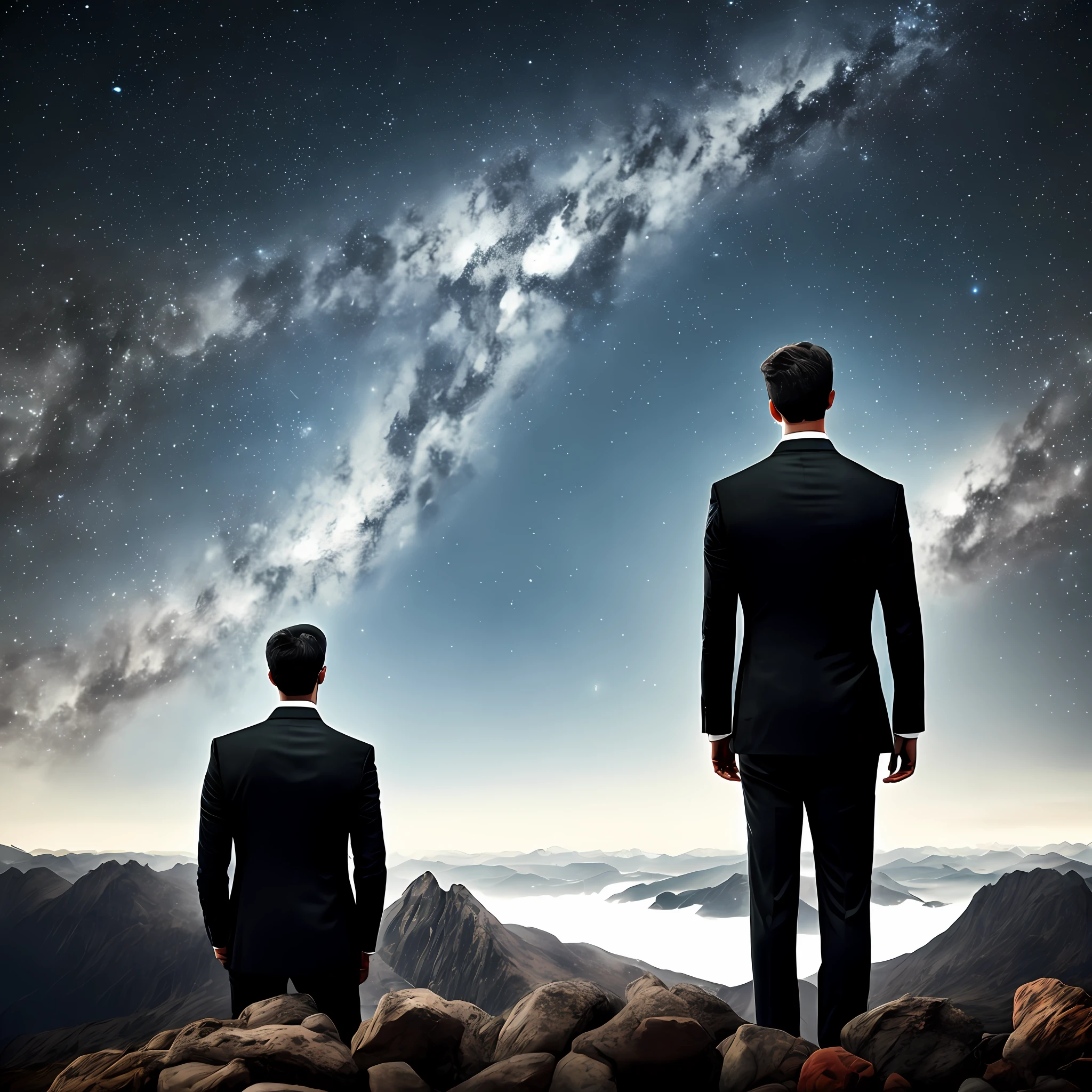 New chat

From the user
Convincingly rewrite Man in a suit ((detailed)) on top of a mountain looking at the universe with stars

ChatGPT
On the majestic peak of an imposing mountain, a man in a suit rises, his enigmatic presence contrasting with the vast stellar panorama above. Surrounded by the immensity of the universe, he lifts his eyes to the night sky and contemplates the heavenly beauty unfolding before him.

Dressed in a flawless black suit, with impeccable cut and perfectly fitted lapels, he exudes an aura of trust and confidentiality. His eyes sparkle with an unwavering curiosity as he plunges into the cosmic vastness above.

The silver rays of the moon are reflected in his polished shoes, creating a striking contrast with the dark and mysterious scenery to his red