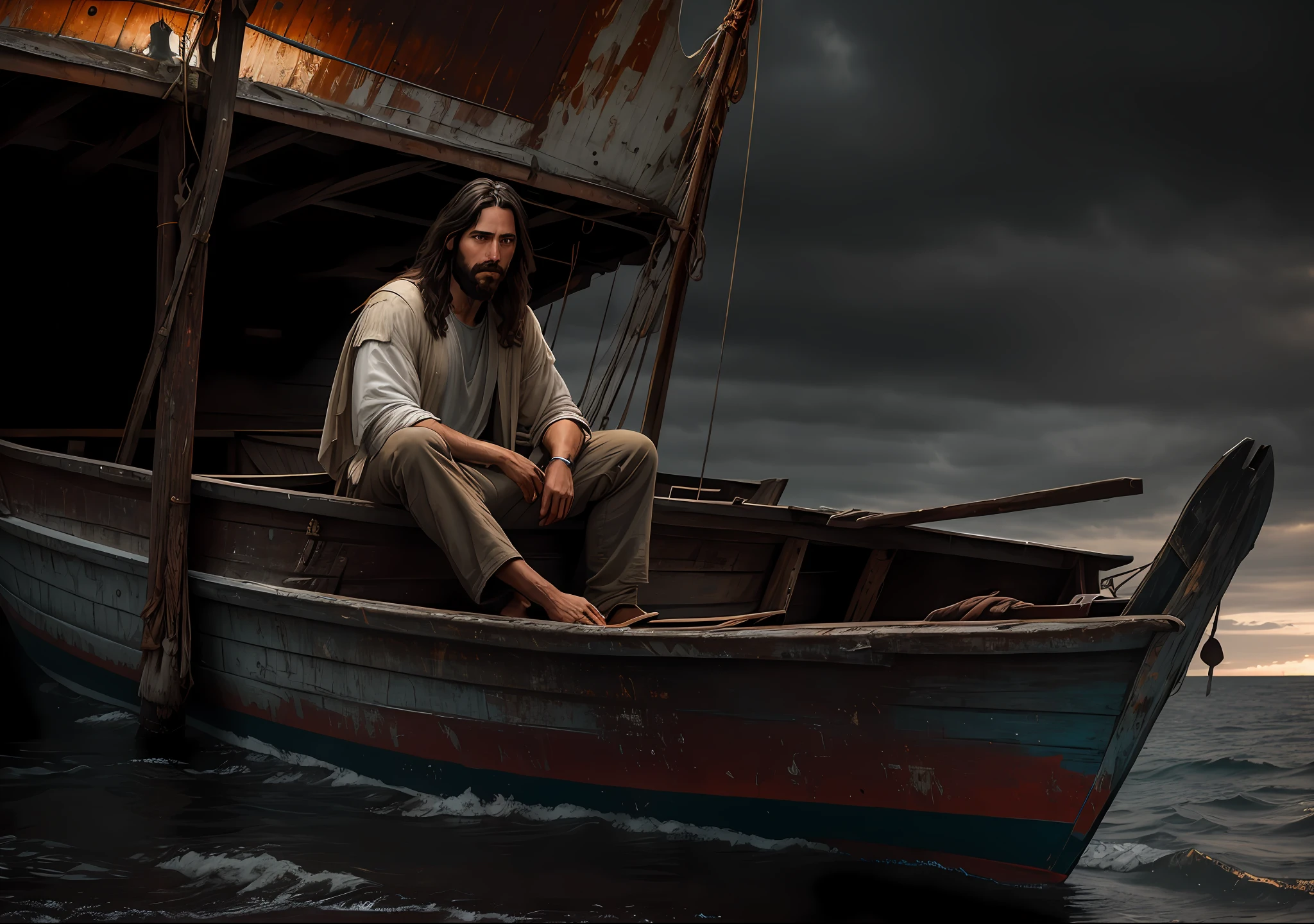 JESUS CHRIST sitting next to an old boat the sea dark photo: realistic epic, soft cinematic portrait, adobe lightroom, photographic lab, highly detailed, faded, art by greg rutkowski and artgerm ,neutral colors: 1,2), (hdr:1,4) , (soft colors:1.2), hyperdetailed, (artstation:1.4), cinematic, warm lights, dramatic light, (intricate details:1.1), complex background, (rutkowski:0.66), (blue and orange:0.4)