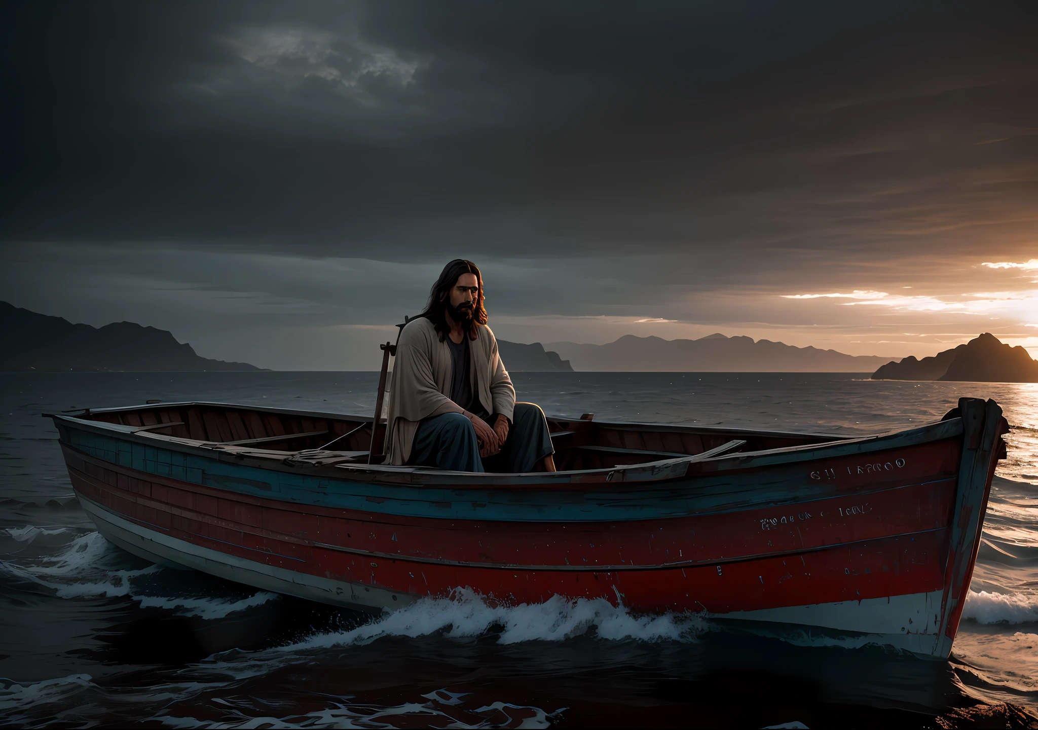JESUS CHRIST sitting next to an old boat the sea dark photo: realistic epic, soft cinematic portrait, adobe lightroom, photographic lab, highly detailed, faded, art by greg rutkowski and artgerm ,neutral colors: 1,2), (hdr:1,4) , (soft colors:1.2), hyperdetailed, (artstation:1.4), cinematic, warm lights, dramatic light, (intricate details:1.1), complex background, (rutkowski:0.66), (blue and orange:0.4)