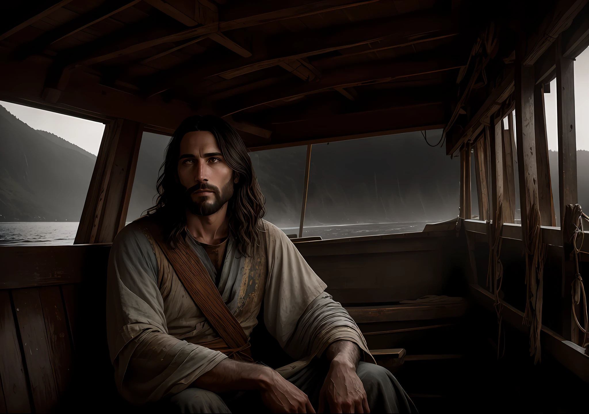 JESUS CHRIST sitting next to an old boat Dark photo: realistic epic, soft cinematic portrait, adobe lightroom, photographic lab, highly detailed, faded, art by Greg Rutkowski and artgerm ,neutral colors: 1,2), (hdr:1,4) , (soft colors:1.2), hyperdetailed, (artstation:1.4), cinematic, warm lights, dramatic light, (intricate details:1.1), complex background, (rutkowski:0.66), (blue and orange:0.4)