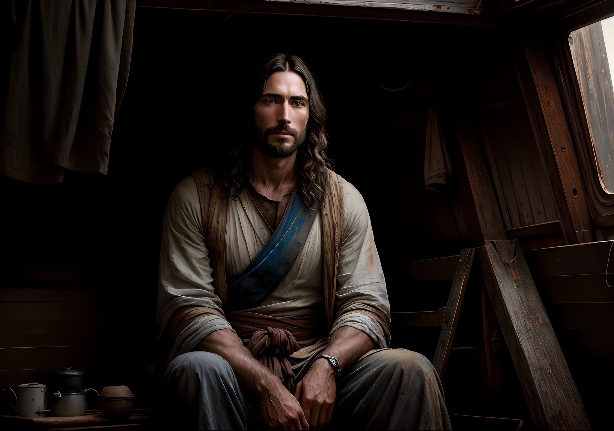 JESUS CHRIST sitting next to an old boat Dark photo: realistic epic, soft cinematic portrait, adobe lightroom, photographic lab, highly detailed, faded, art by Greg Rutkowski and artgerm ,neutral colors: 1,2), (hdr:1,4) , (soft colors:1.2), hyperdetailed, (artstation:1.4), cinematic, warm lights, dramatic light, (intricate details:1.1), complex background, (rutkowski:0.66), (blue and orange:0.4)