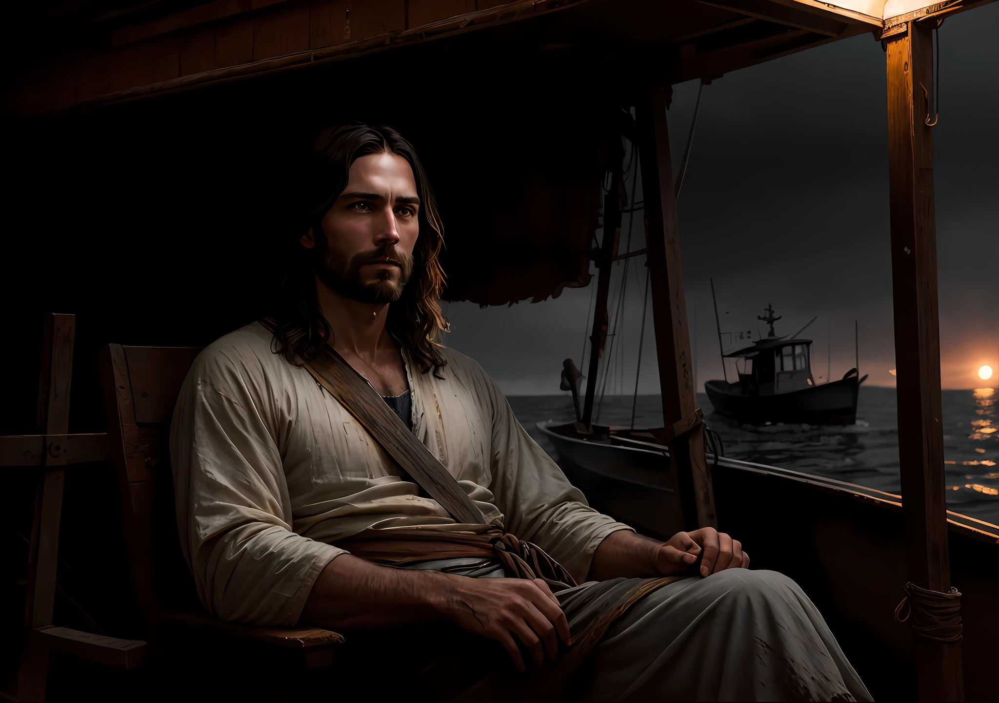 JESUS CHRIST sitting next to an old boat Dark photo: realistic epic, soft cinematic portrait, adobe lightroom, photographic lab, highly detailed, faded, art by Greg Rutkowski and artgerm ,neutral colors: 1,2), (hdr:1,4) , (soft colors:1.2), hyperdetailed, (artstation:1.4), cinematic, warm lights, dramatic light, (intricate details:1.1), complex background, (rutkowski:0.66), (blue and orange:0.4)