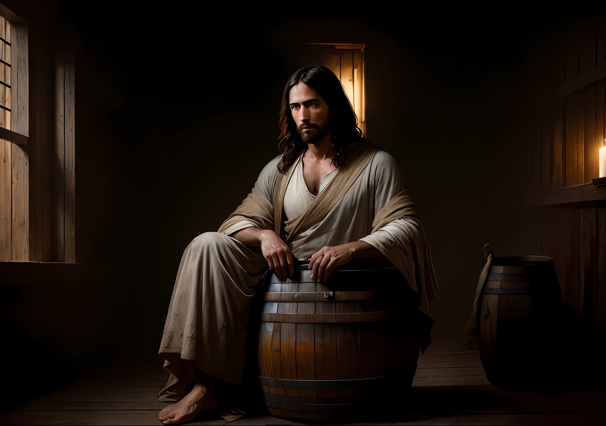 JESUS CHRIST sitting in the barrel Dark photo: realistic epic, soft cinematic portrait, adobe lightroom, photographic lab, highly detailed, faded, art by Greg Rutkowski and artgerm ,neutral colors: 1,2), (hdr:1,4) , (soft colors:1.2), hyperdetailed, (artstation:1.4), cinematic, warm lights, dramatic light, (intricate details:1.1), complex background, (rutkowski:0.66), (blue and orange:0.4)