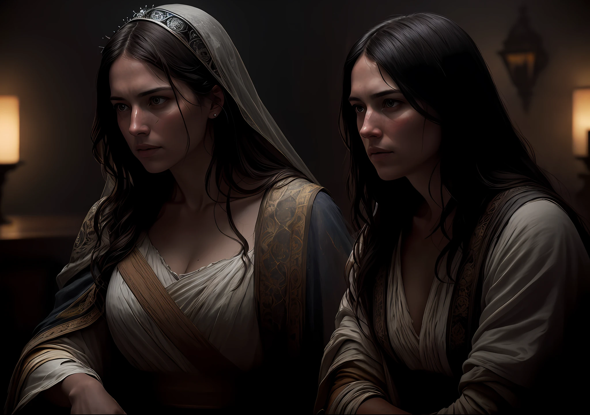 JESUS CHRIST DARK PHOTO: sitting next to MAria realistic epic, soft cinematic portrait, adobe lightroom, photographic lab, highly detailed, faded, art by greg rutkowski and artgerm ,neutral colors: 1,2), (hdr: 1,4) , (soft colors:1.2), hyperdetailed, (artstation:1.4), cinematic, warm lights, dramatic light, (intricate details:1.1), complex background, (rutkowski:0.66), (blue and orange:0.4)