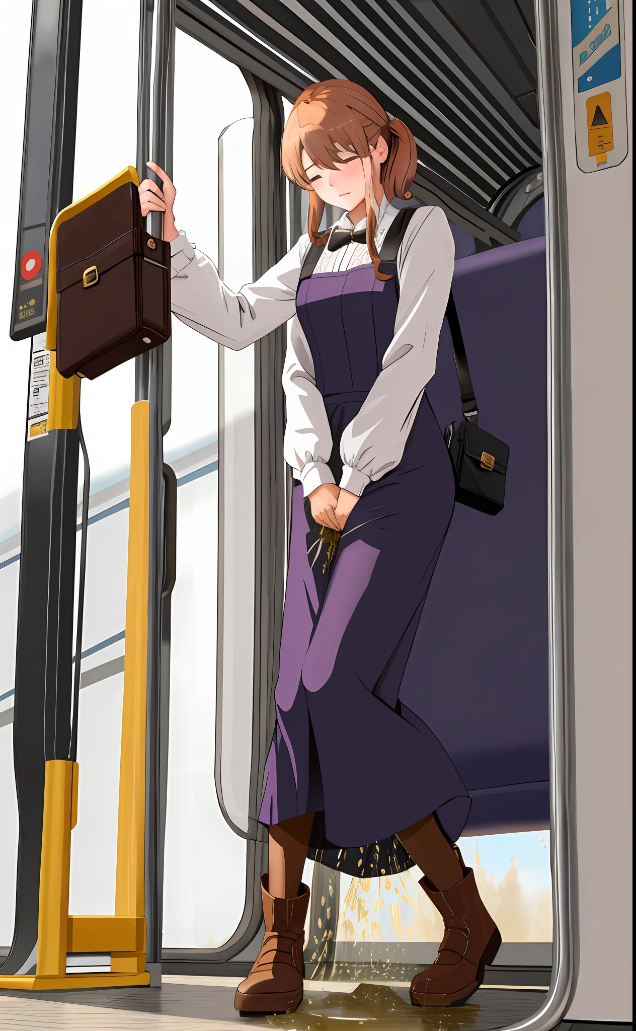 violet evergarden, peeing herself, peeing, peeing self, very desperate to pee, at a train station, full face blush, sad, crying, flustered, pubic hair, black stockings brown boots ruffled panties, peeing, peeing self, peeing, peeing self, pee puddle, puddle of her own urine is forming around her feet, holding small briefcase, long dress,