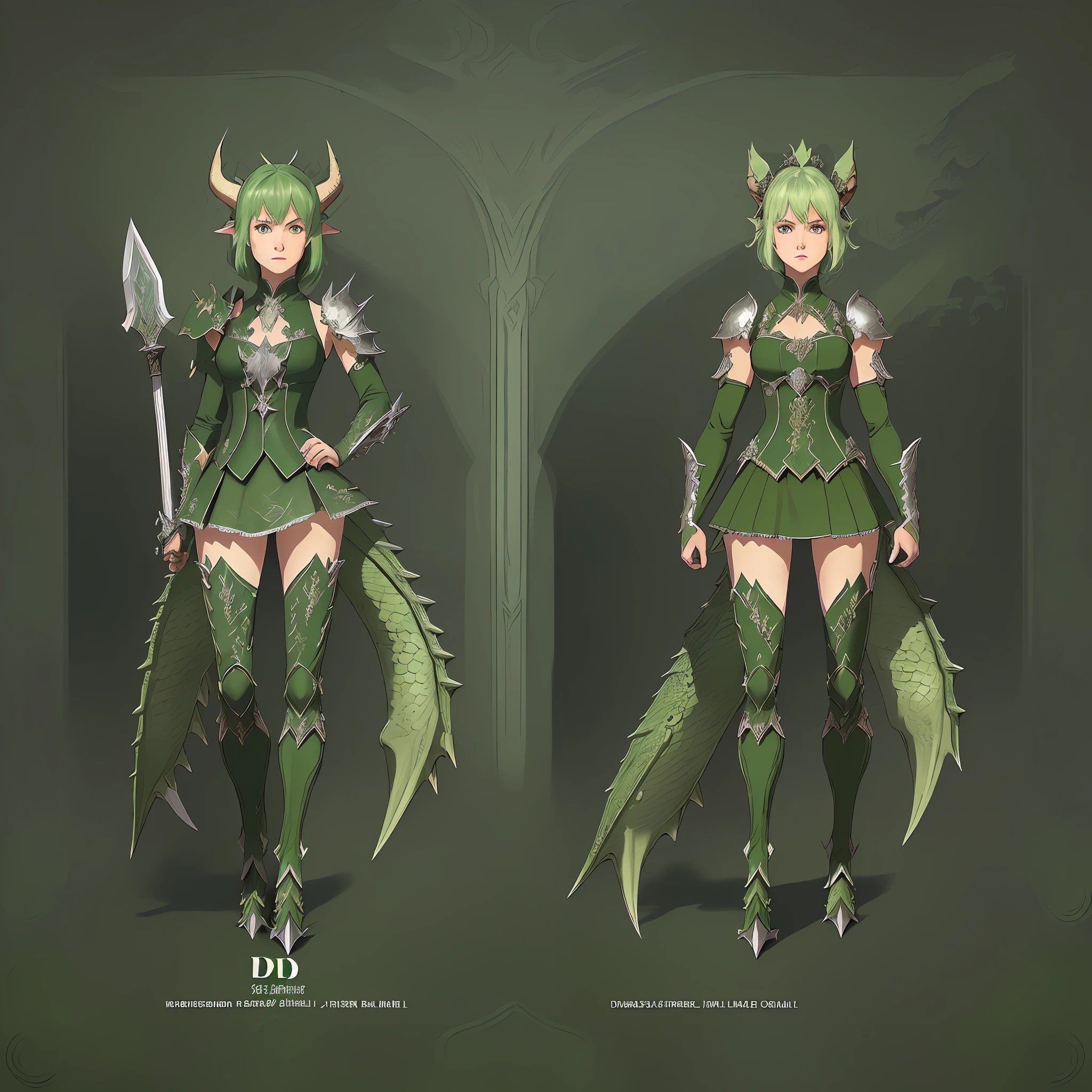 ((masterpiece)), (ultra detailed), (best quality), detailed background, (style of dnd), (concept art, character sheet), (age woman, tall, muscular body, green hair, short hair), (electric guitar in hand, mixed with battle axe), ((realistic detailed equipment)), ((detailed realistic dragon ears and tail, human with dragon traits)), (green scales along arms)