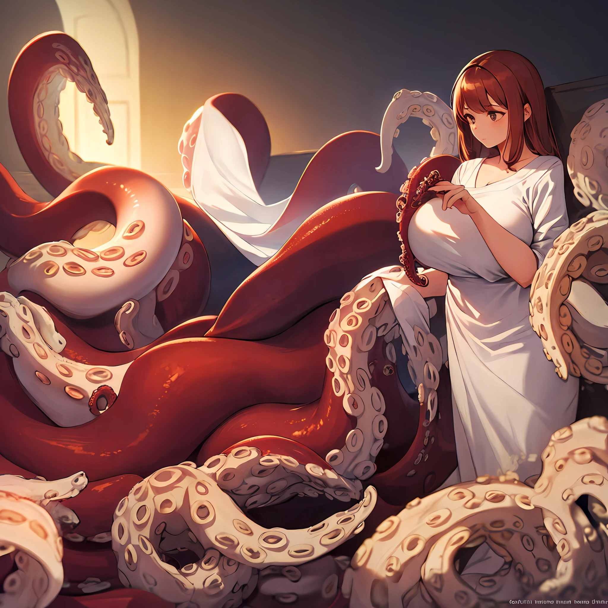 1girl,  full body, scylla, octopus tentacles，Volumetric Lighting, Best Shadows, Shallow Depth of Field, Stunningly Beautiful Girl, Delicate Beautiful Attractive Face，masterpiece, best quality, huge boobs