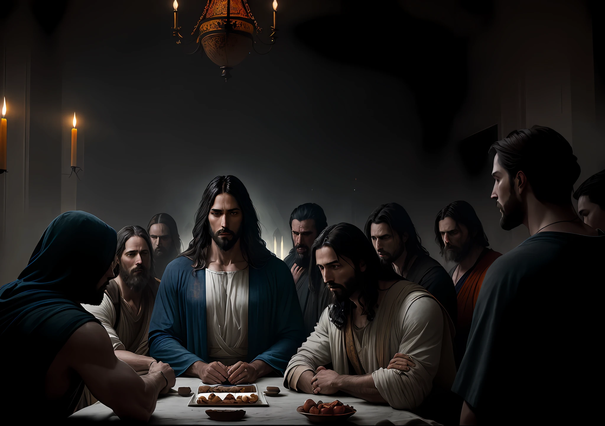 JESUS CHRIST with his disciples Dark photo: realistic epic, soft cinematic portrait, adobe lightroom, photographic lab, highly detailed, faded, art by greg rutkowski and artgerm ,neutral colors: 1,2), (hdr:1,4) , (soft colors:1.2), hyperdetailed, (artstation:1.4), cinematic, warm lights, dramatic light, (intricate details:1.1), complex background, (rutkowski:0.66), (blue and orange:0.4 8K