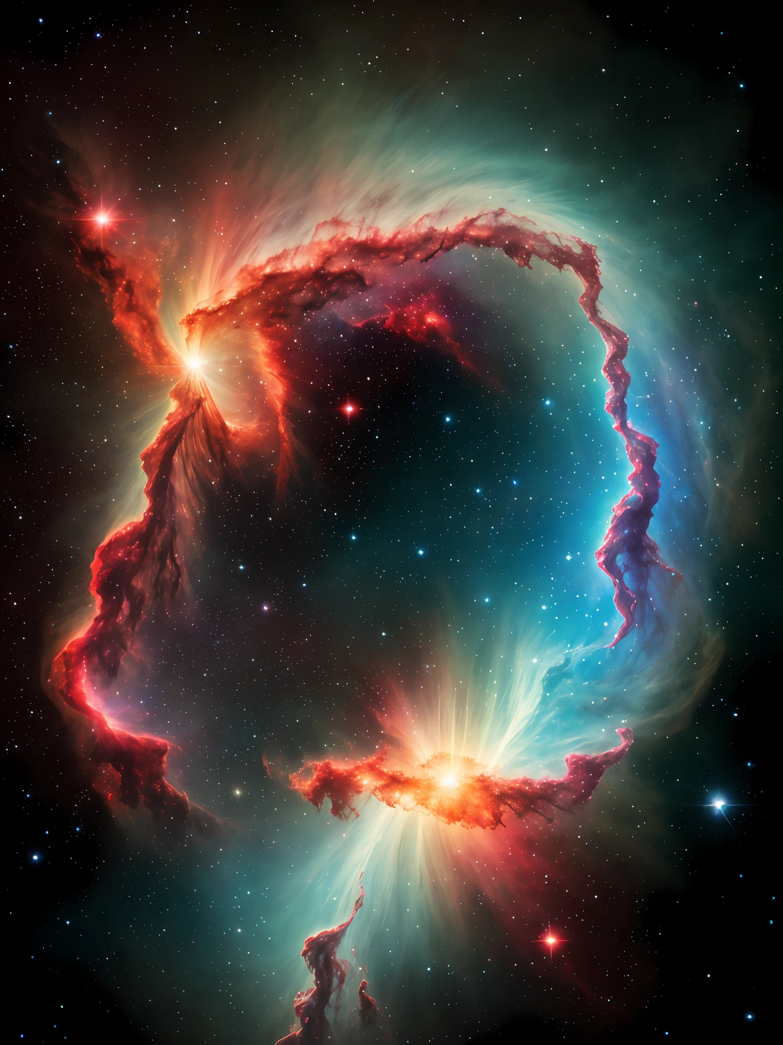 Ultra detailed photography of a beautiful nebula in black, turquoise blue, hyper realism, professional photography baby blue, and red by james weeb, ultra realistic, best quality, best resolution, details, vivid colors
