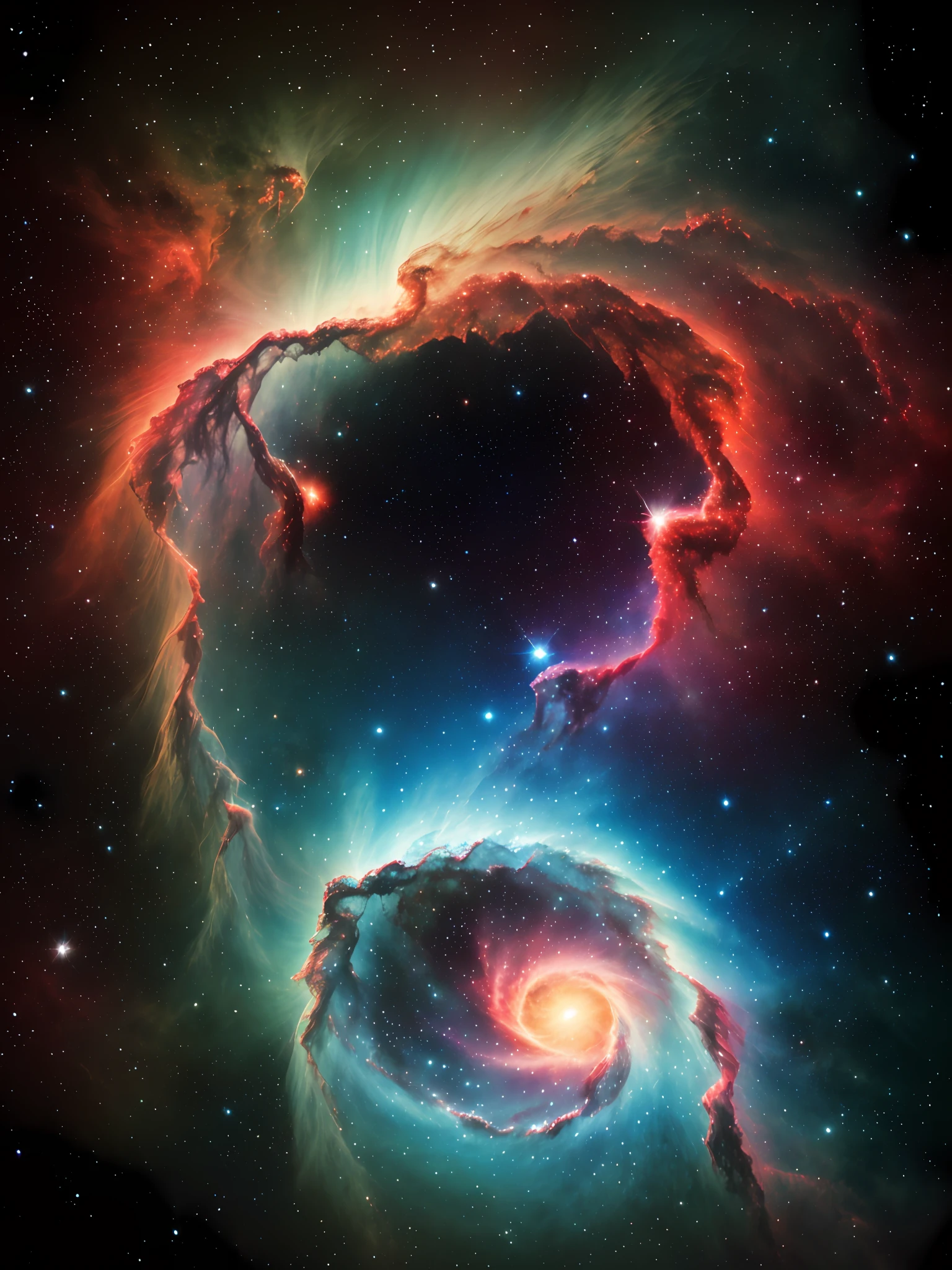 Ultra detailed photography of a beautiful nebula in black, turquoise blue, hyper realism, professional photography baby blue, and red by james weeb, ultra realistic, best quality, best resolution, details, vivid colors