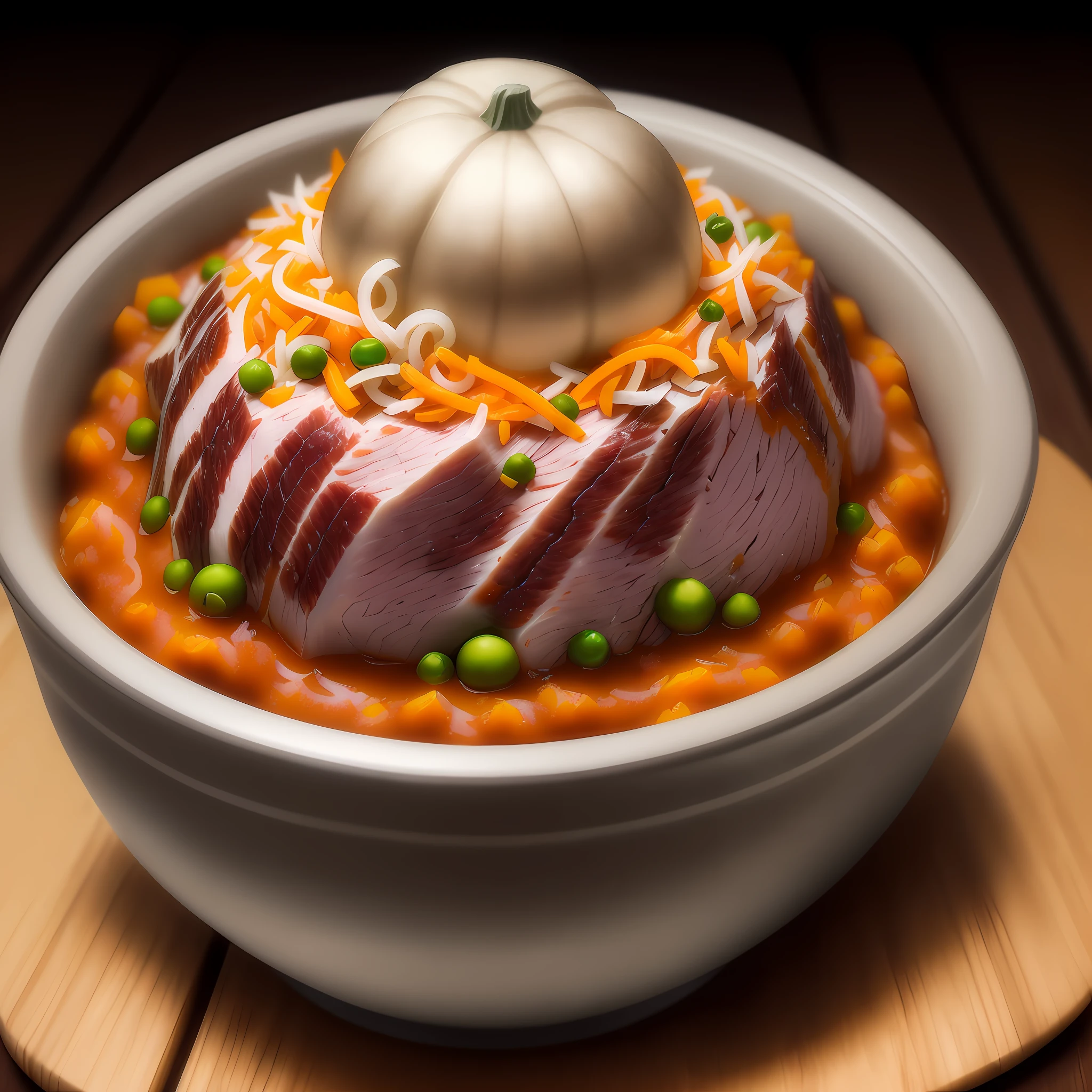 Ultra realistic style, stainless steel bowl with ((small shredded turkey meat)), pumpkin puree, peas, intricate details, dslr, 100 mm, pets, diffused light, Studio photography, professional advertising, 8k