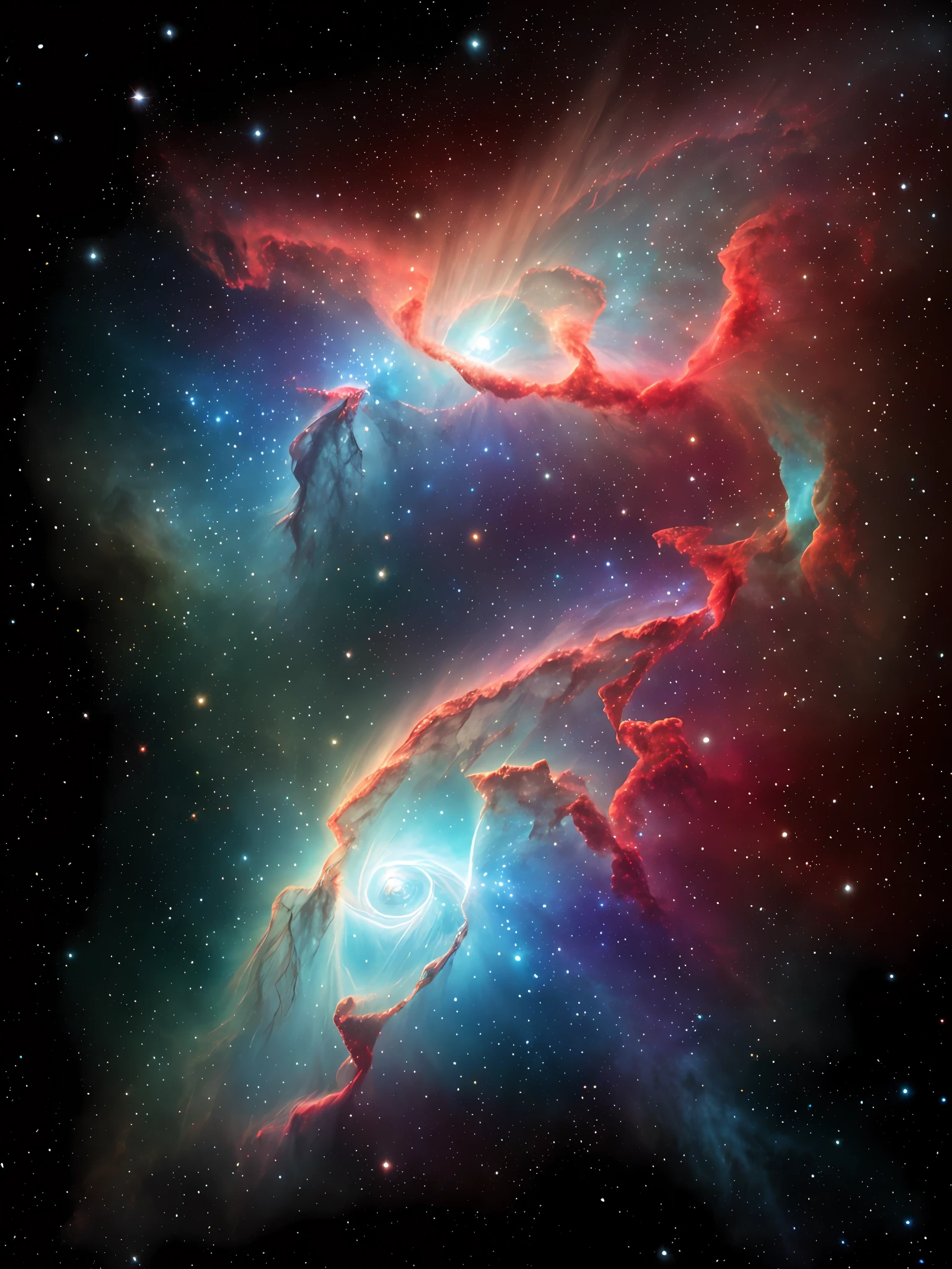 Ultra detailed photography of a beautiful nebula in black, turquoise blue, hyper realism, professional photography baby blue, and red by james weeb, ultra realistic, best quality, best resolution, details, vivid colors
