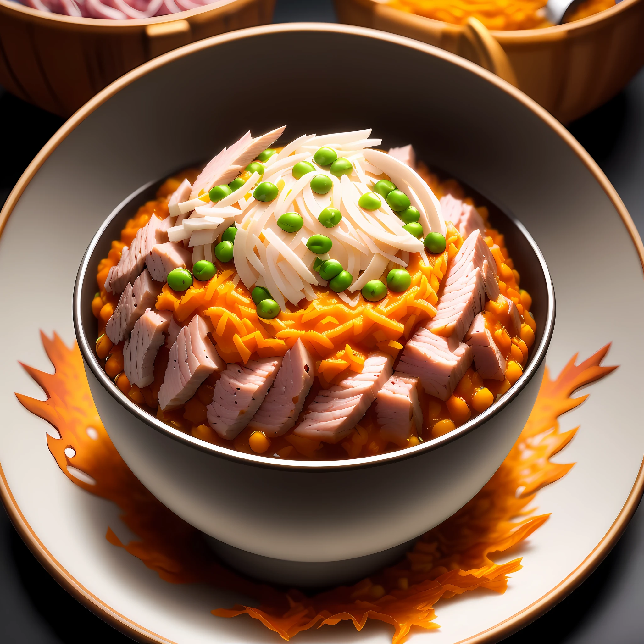 Ultra realistic style, stainless steel bowl with ((small shredded turkey meat)), pumpkin puree, peas, intricate details, dslr, 100 mm, pets, diffused light, Studio photography, professional advertising, 8k