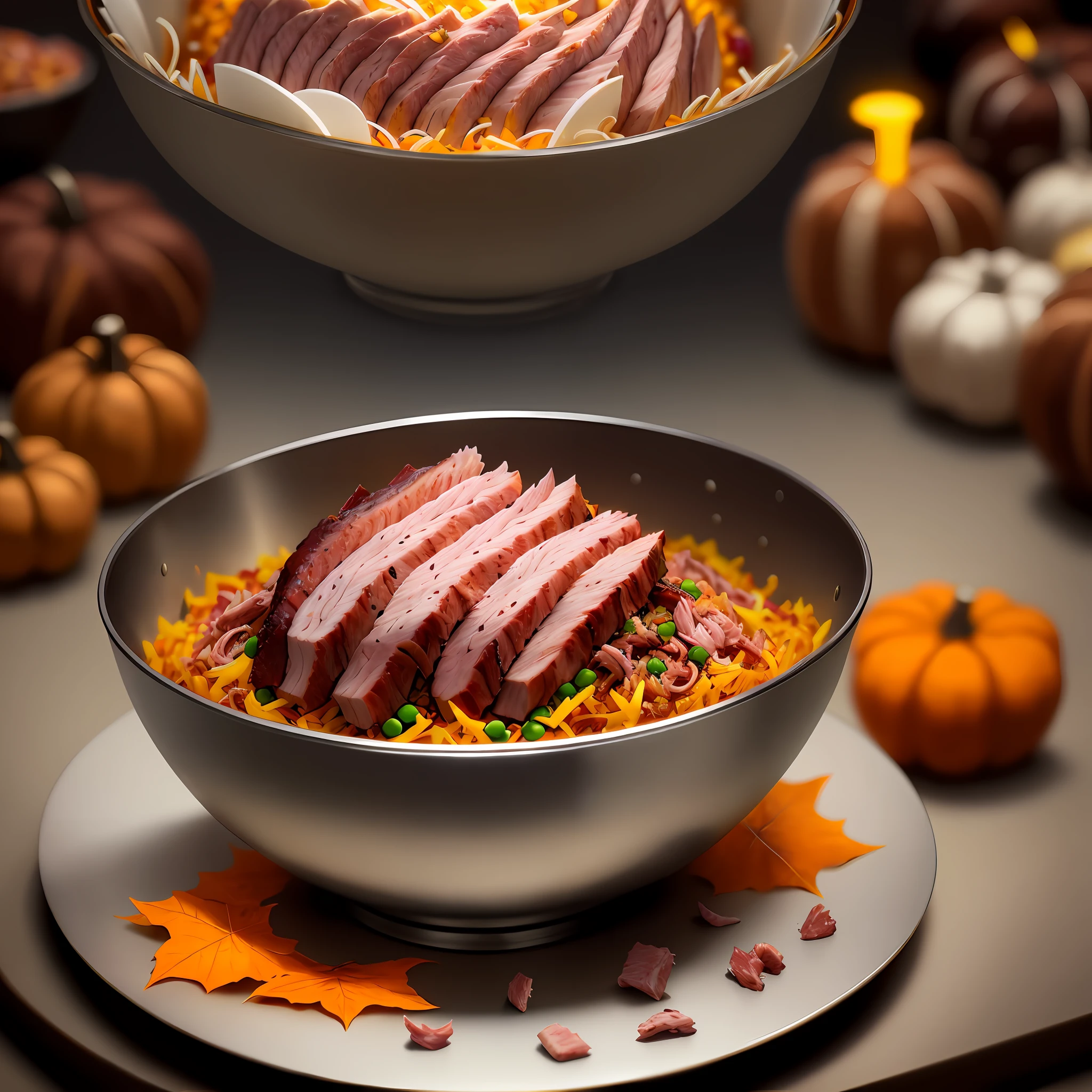 Ultra realistic style, stainless steel bowl with ((small shredded turkey meat)), pumpkin puree, peas, intricate details, dslr, 100 mm, pets, diffused light, Studio photography, professional advertising, 8k
