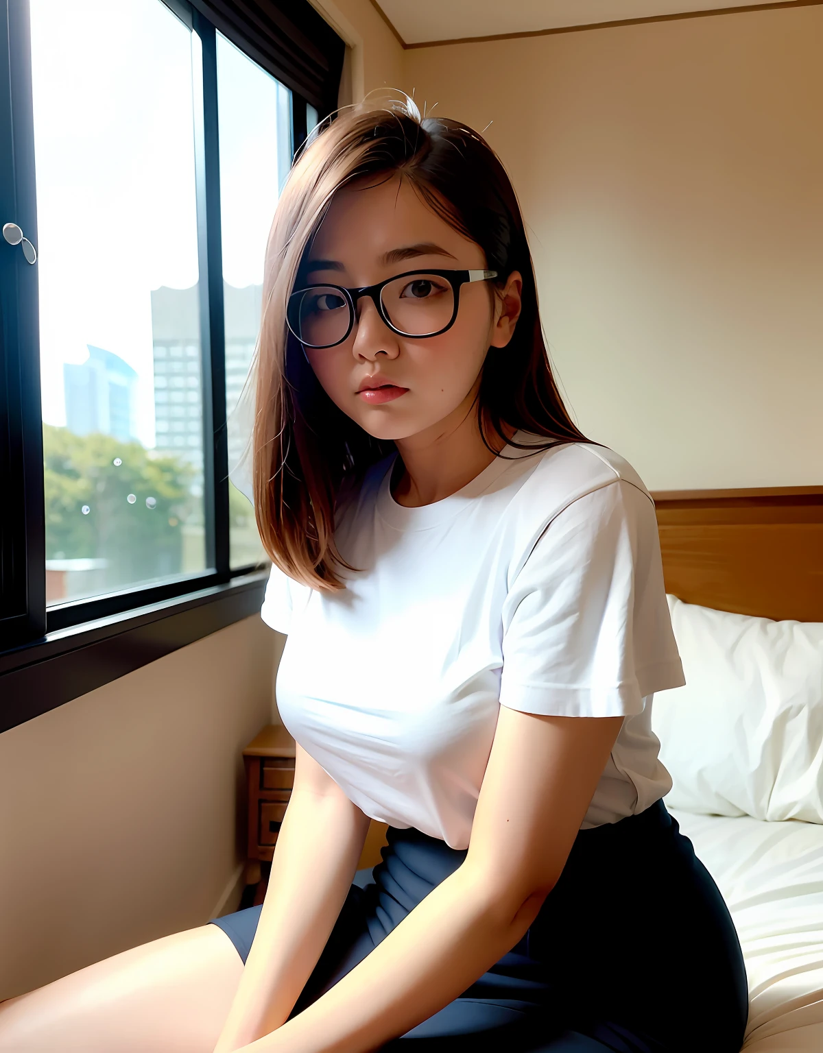 a woman sitting on top of a bed next to a window, girl with glasses, big glasses, white glasses, big round glasses, large glasses, girl wearing round glasses, round glasses, korean idol, thick glasses, jia ruan, gemma chen, round black glasses, glasses, xiaofan zhang, with glasses on, nerdy glasses, louise zhang