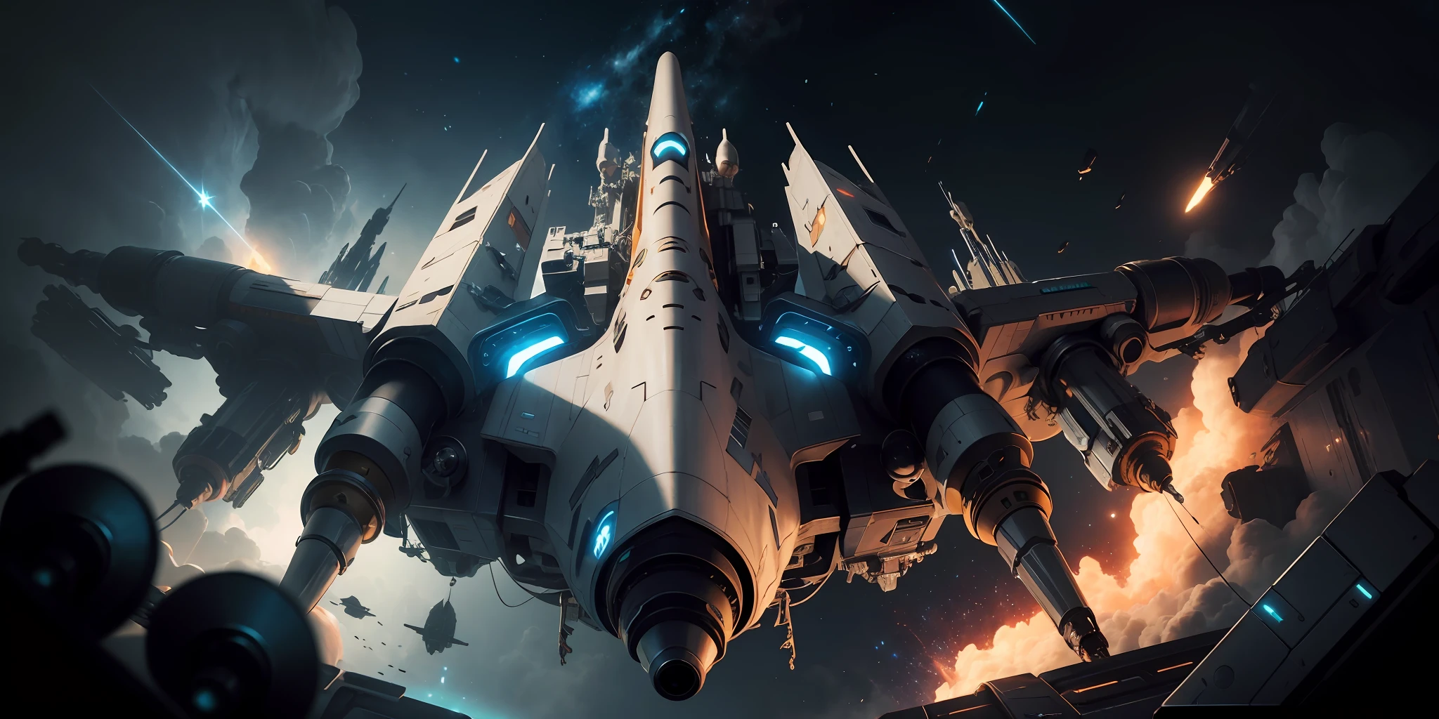 1 spaceship, thruster view, back view, rebel galaxy game, centered, dark setting, golden ratio