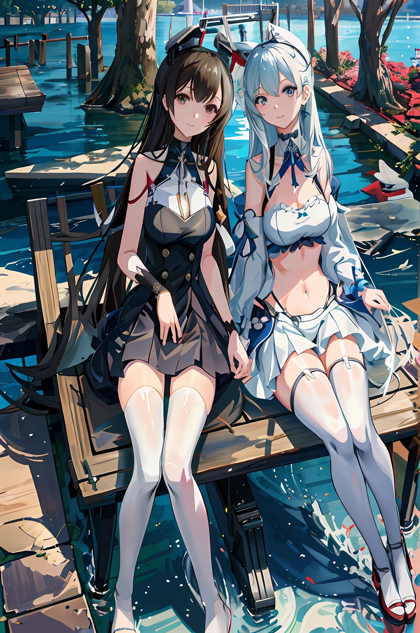 anime characters sitting on a bench in a park by the water, kantai collection style, two beautiful anime girls, wallpaper anime blue water, trending on artstation pixiv, near a jetty, anime girls, characters from azur lane, azur lane style, from the azur lane videogame, trending on cgstation, kawacy, official artwork, from girls frontline