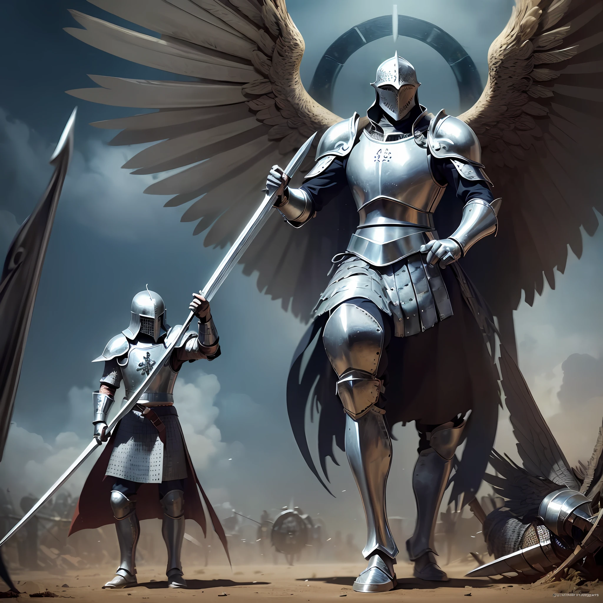 there is a man in armor and a bird on the ground, medieval fantasy battle, epic battle scene, medieval fantasy illustration, knights in battle, medieval fantasy art, epic biblical depiction, death is swallowed up in victory, medieval holy crusader knight, epic battle scene, holy crusader medieval knight, teutonic knight, holy crusader medieval, standing over a fallen foe