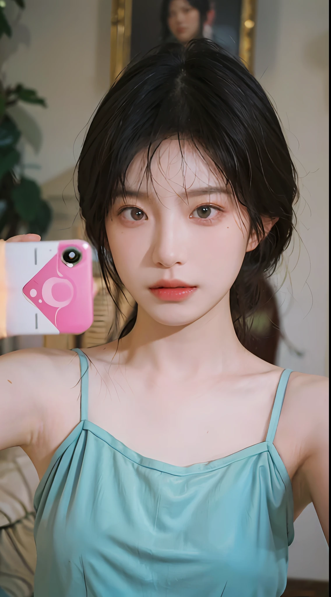 8K, Best Quality, Masterpiece, Ultra High Resolution, (Realism: 1.4), Original Photo, (True Skin Texture: 1.3), (Film Grain: 1.3), (Selfie Angle), 1 Girl, Beautiful Emerald Gemstone Eyes and Delicate Face Details, Pink Top, Masterpiece, Best Quality, Close-up, Upper Body, Looking at the Viewer