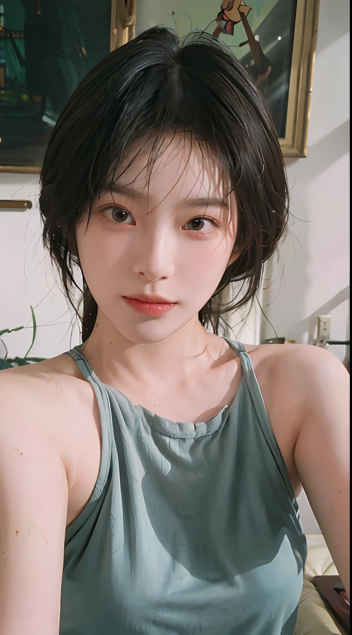 8K, Best Quality, Masterpiece, Ultra High Resolution, (Realism: 1.4), Original Photo, (True Skin Texture: 1.3), (Film Grain: 1.3), (Selfie Angle), 1 Girl, Beautiful Emerald Gemstone Eyes and Delicate Face Details, Pink Top, Masterpiece, Best Quality, Close-up, Upper Body, Looking at the Viewer