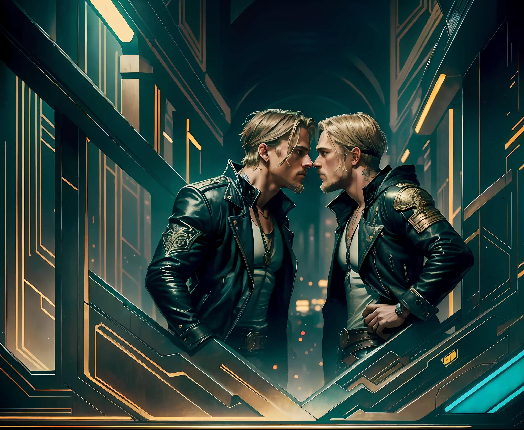 ONLY TWO MALE: Joel Kinnaman and Charlie Hunnam kissing each other in dimly cyberpunk cuty. They are wearing black jackets. There is night behind them. Neon aesthetic, gay, style of Greg Rutkowski, standing on a night city, highly detailed symmetrical painting by gaston bussiere, craig mullins, j. c. leyendecker, alphonse mucha. cinematic epic + rule of thirds. cinematic composition. concept art. ultra wide angle. 35mm. 8 k, masterpiece, best quality, highres, realistic