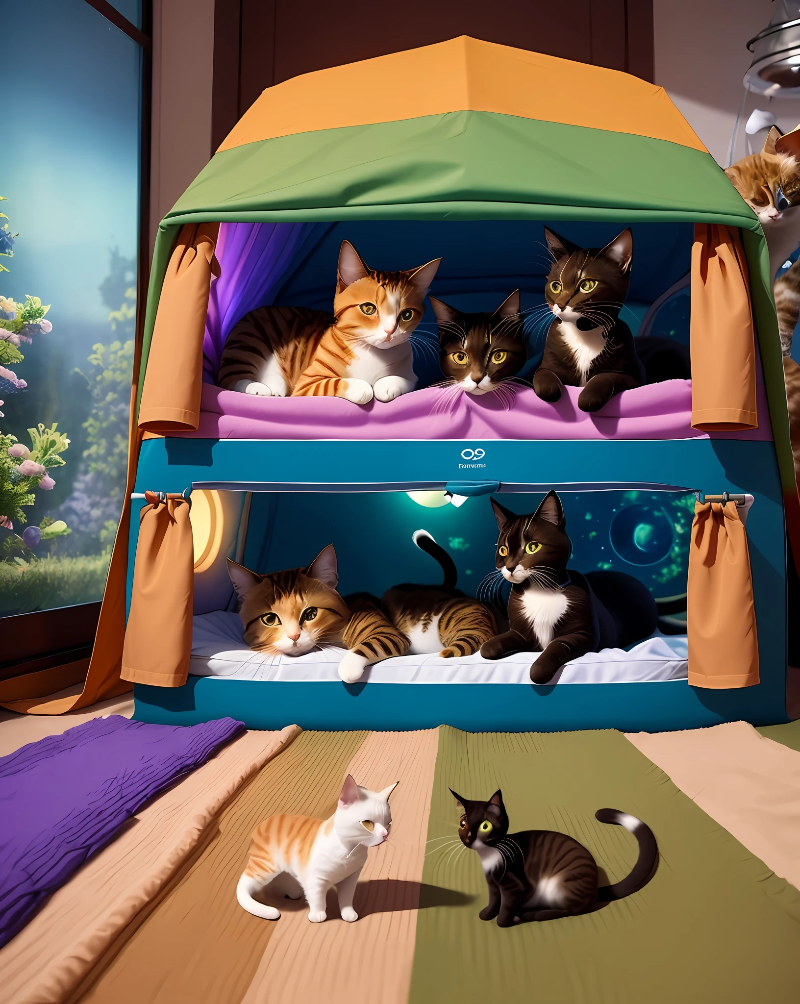 there are four cats that are laying on a bed under a tent, cats party, bottom angle, cat tower, whiskers hq, petspective room layout, cats, catscatscats, kittens in outer space, inspired by Jean-Léon Gérôme, planet of the cats, new cats movie, in a colorful tent, a hyper realistic