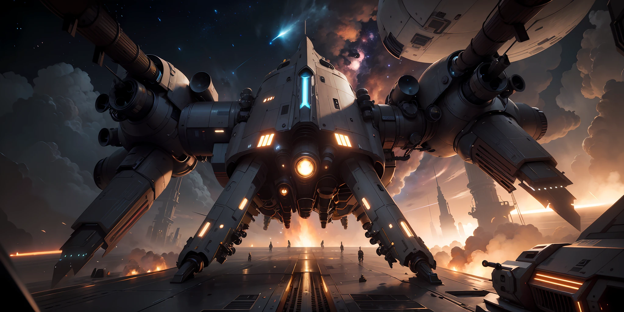 1 spaceship, thruster view, back view, rebel galaxy game, centered, dark setting, golden ratio