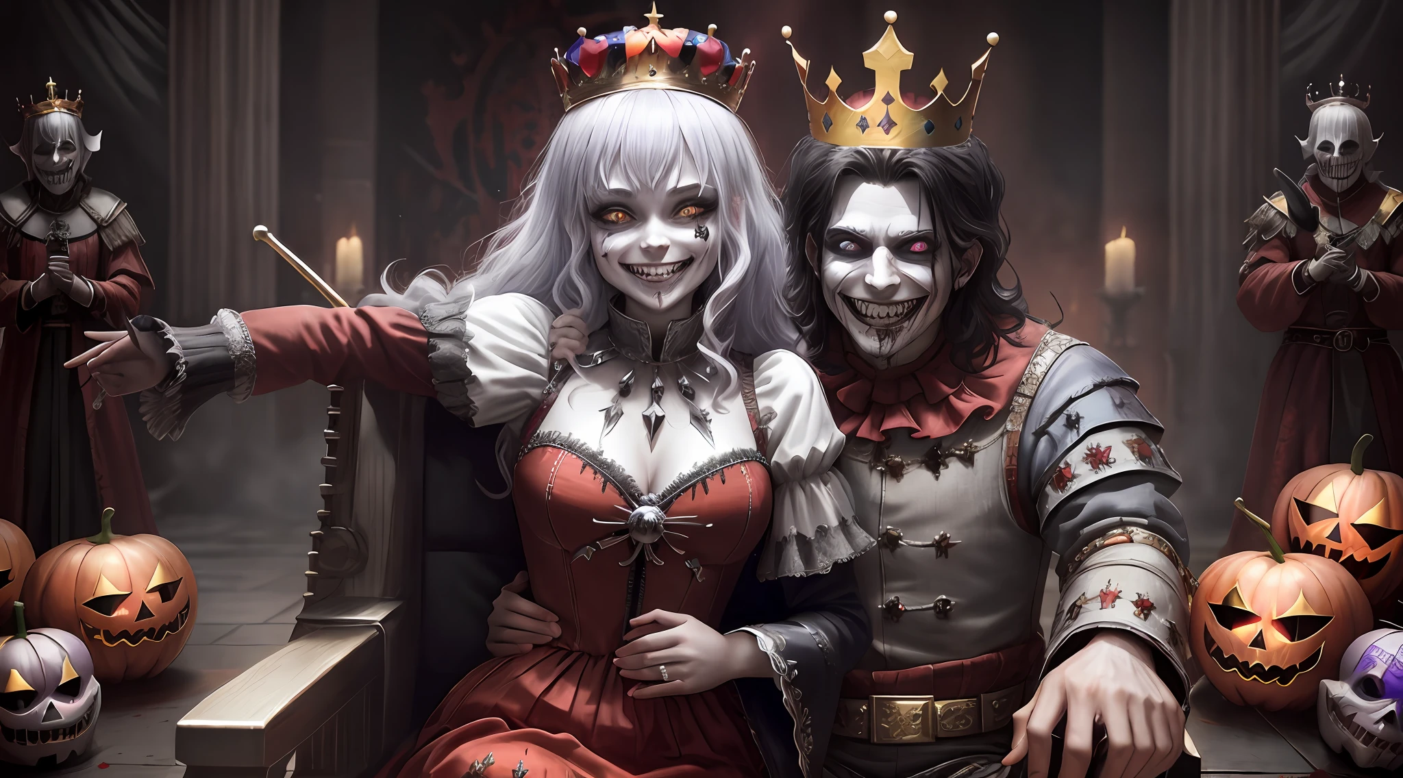 (extremely detailed and high quality) + 
((medieval clown):0.4 | (terrifying jester):0.7 | (carnival king):0.5)+
(bloody crown) + 
(bloodied throne) + 
((ghoulish smile):(1.2) | (sinister grin):(0.9) ) + 
(strewn soldiers' bodies) + 
(throne room) + 
(dancing)