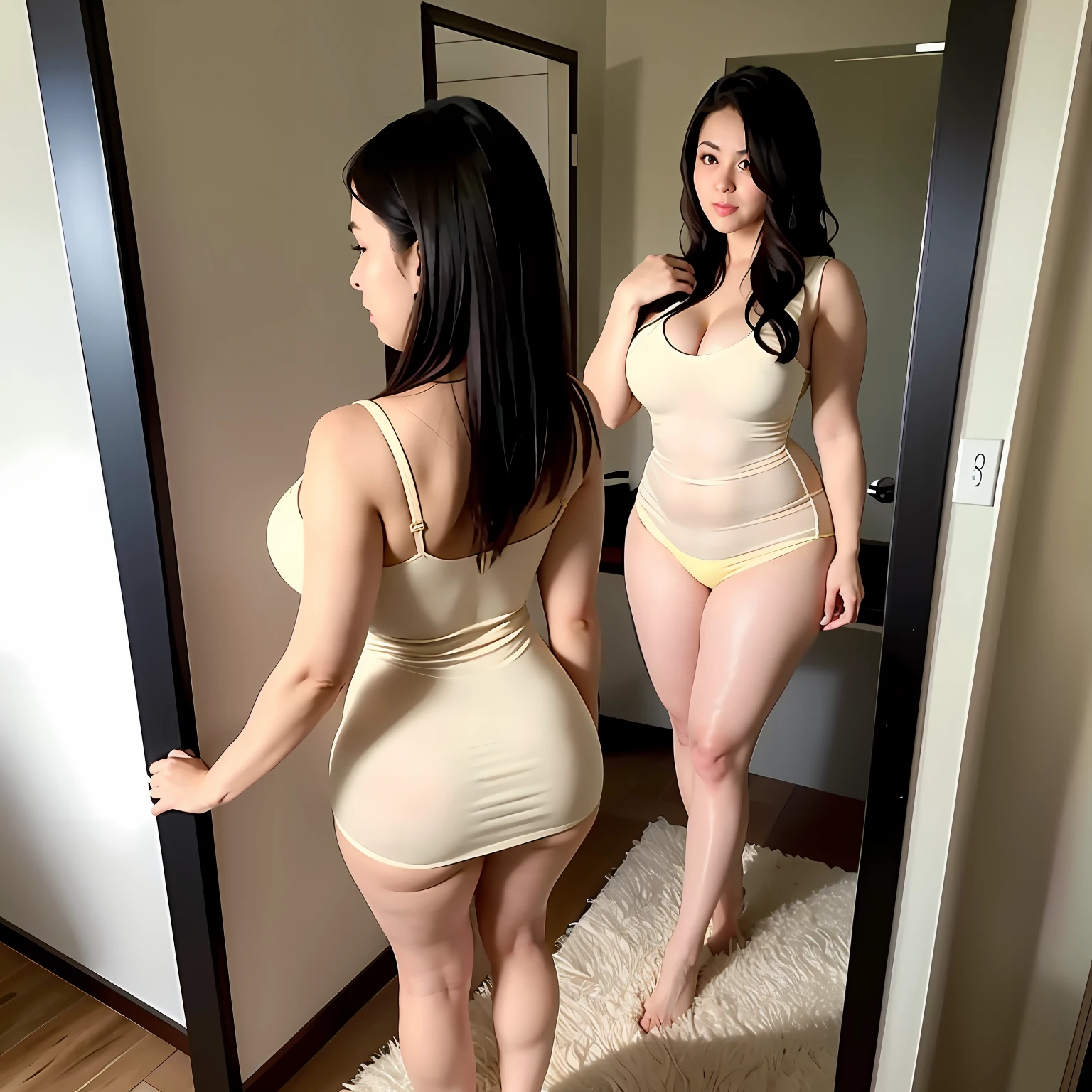 full body shot of a beautiful milf, wearing sexy cream color nightwear see through body curvy, standing on front door ,face to photo , yellow light shooting from out side room,(black hair, gorgeous figure), back view see through the mirror