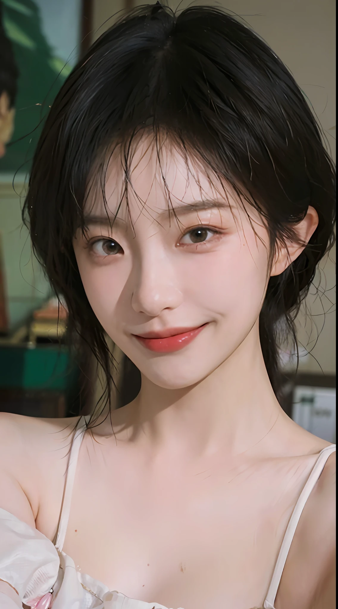 8K, Best Quality, Masterpiece, Ultra High Resolution, (Realism: 1.4), Original Photo, (True Skin Texture: 1.3), (Film Grain: 1.3), (Selfie Angle), 1 Girl, Beautiful Emerald Gemstone Eyes and Delicate Face Details, Pink Top, Masterpiece, Best Quality, Close-up, Upper Body, Looking at the Viewer, (Smile: 1.4)