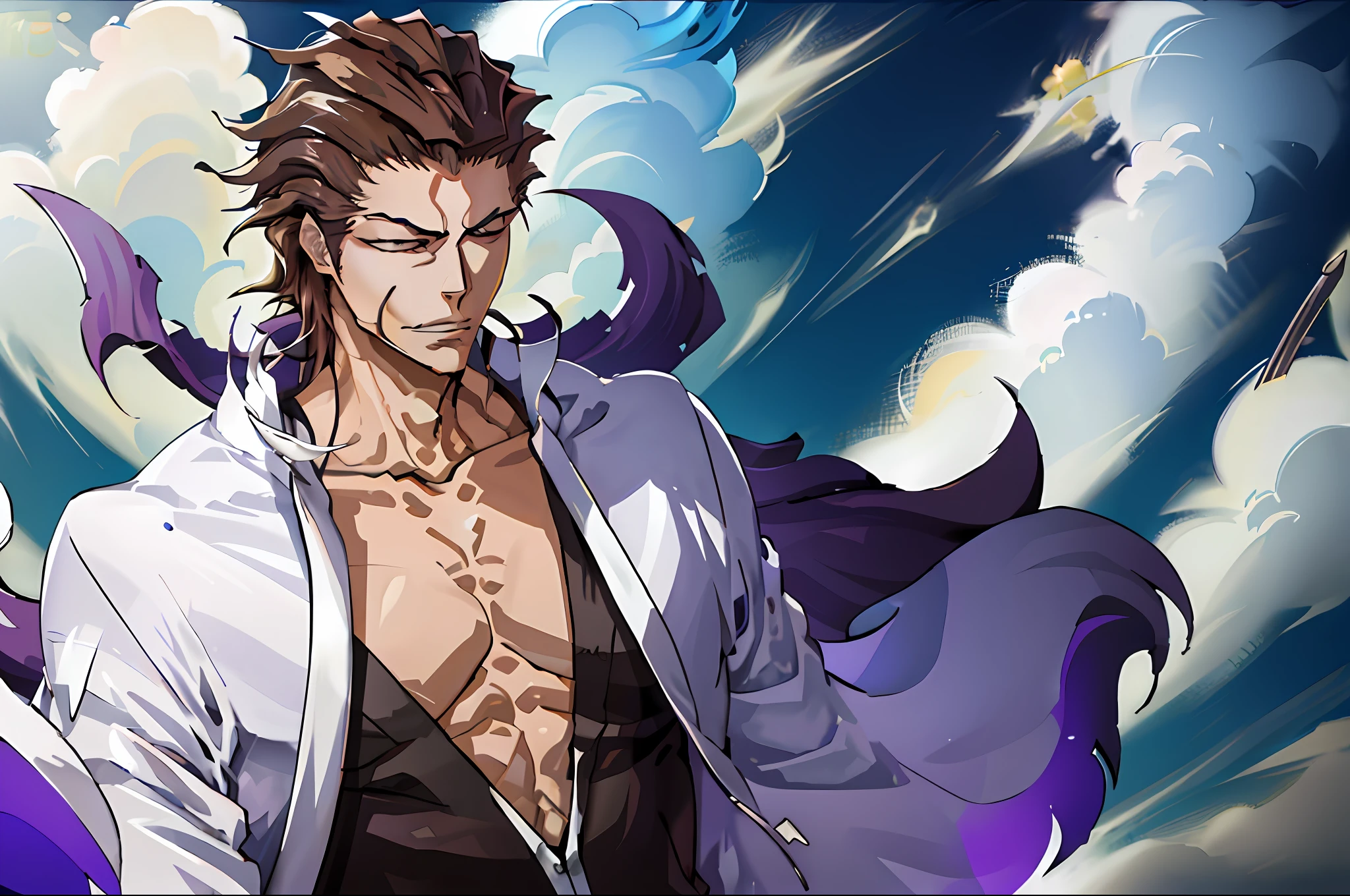 (masterpiece, best quality:1.2),1boy,solo,(Sōsuke Aizen),close up,badass pose,bleach, powerful aura, purple aura,8k,64k, HD, unparalleled masterpiece, dynamic lighting, cinematic, epic