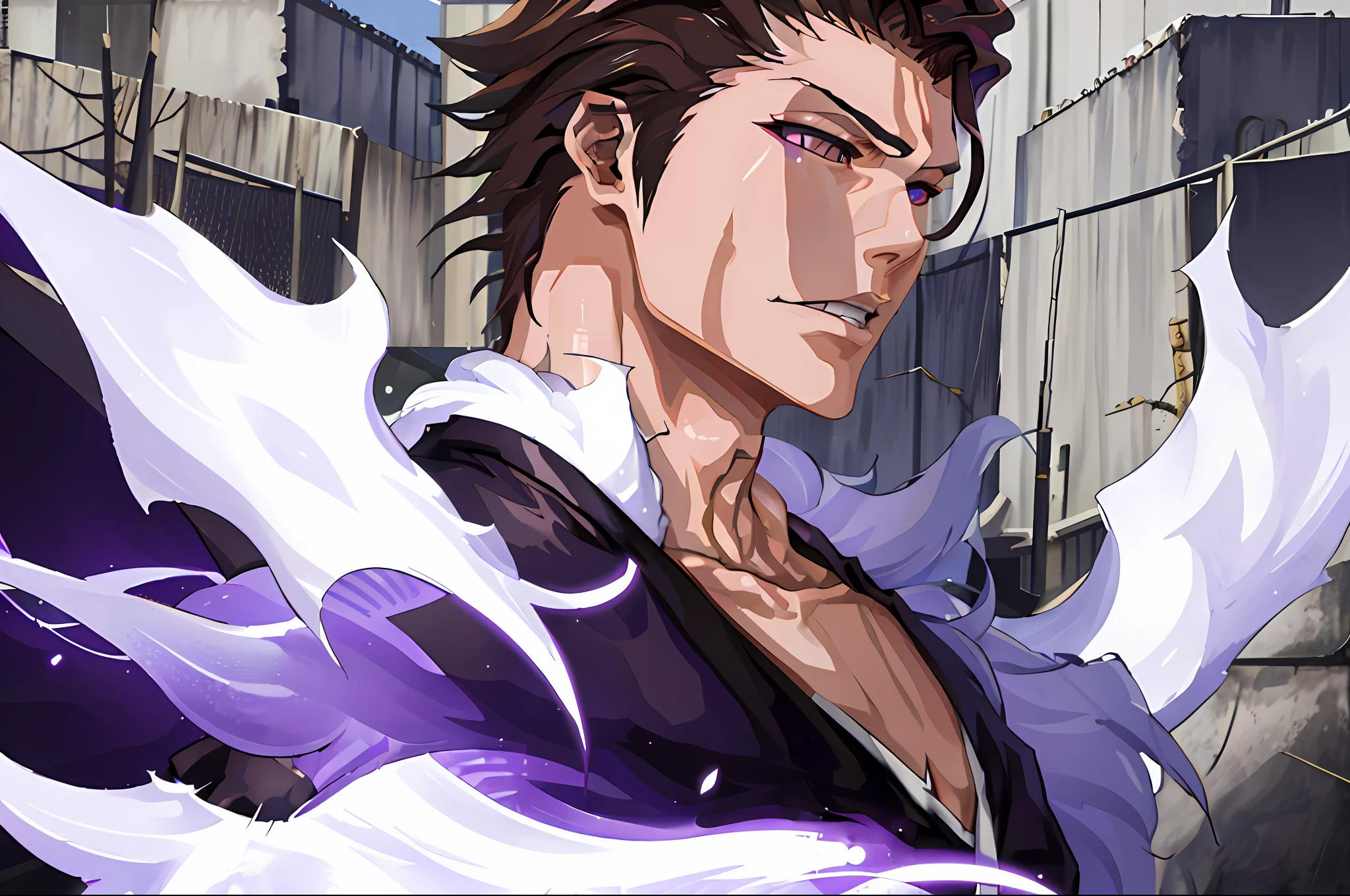 (masterpiece, best quality:1.2),1boy,solo,(Sōsuke Aizen),close up,badass pose,bleach, powerful aura, purple aura,8k,64k, HD, unparalleled masterpiece, dynamic lighting, cinematic, epic