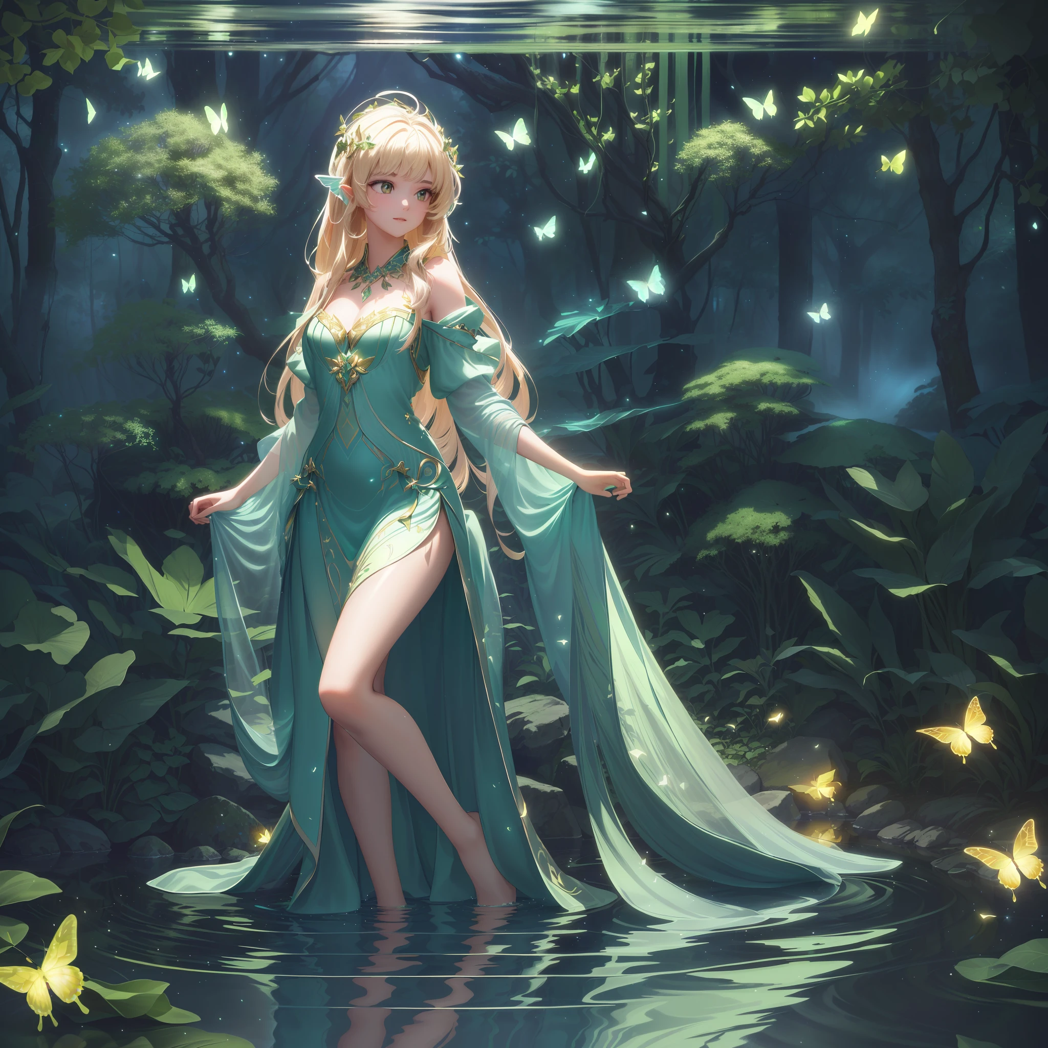 A masterpiece, the best quality, stunning reflections, the best reflections ever. (very detailed CG unity 8k wallpapers), (best quality), (best illustrations), (best shadows), forest theme with natural elements. Tall trees, quiet streams, small glowing mushrooms surrounded by delicate leaves and branches, with fireflies and glowing particle effects,, (natural elements), (jungle theme), (leaves), (twigs), (fireflies), butterflies, (delicate leaves), (glow), (particle effects). , Isometric 3D, Octane Rendering, Ray Traced, Super Detailed,a beautiful girl at the middle, long hair, wind flow, partially submerged, sexy pose, looking at viewers, curious expression,cute face, sexy clothes