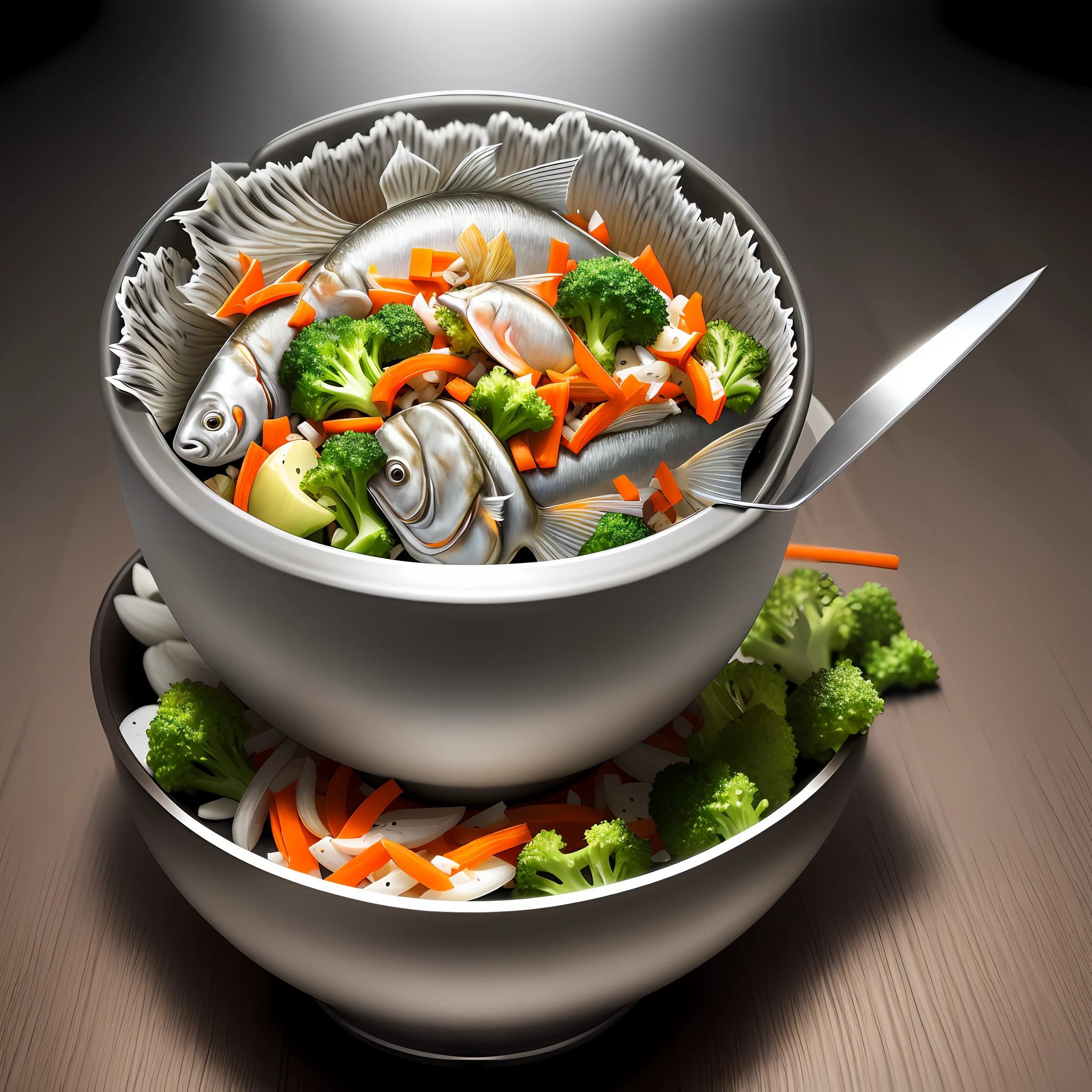 Ultra realistic style, stainless steel bowl with ((fish file)), chopped potato, grated carrot, chopped broccoli, intricate details, dslr, 100 mm, pets, diffused light, Studio photography, professional advertising, 8k