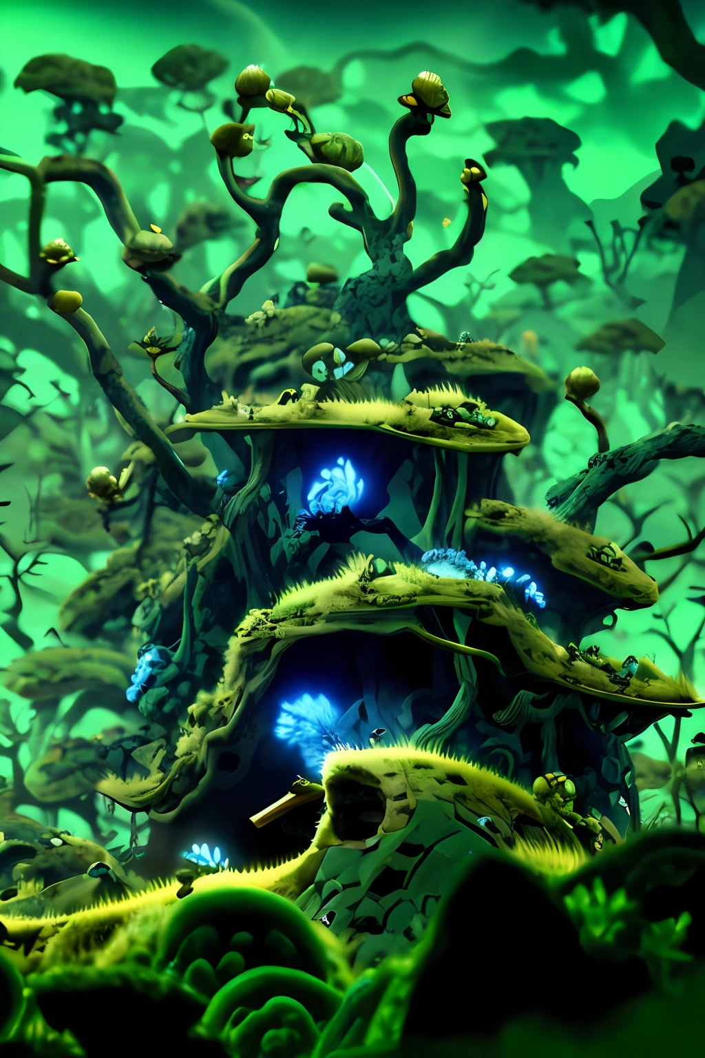 Anthill with dead skull green smoke has saraunded the skull fantasy blue shade green orbs it don't have legs only old skalitan