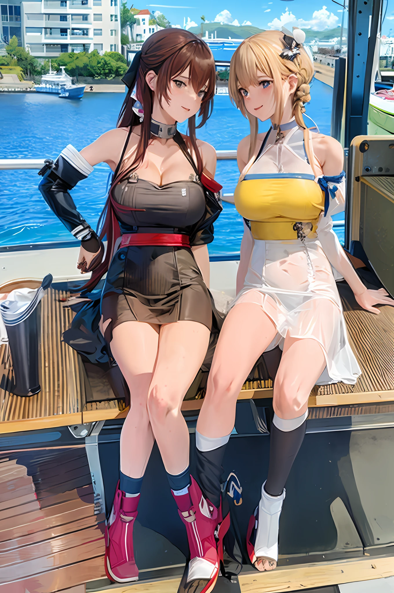 anime characters sitting on a boat with a view of the ocean, azur lane style, from the azur lane videogame, characters from azur lane, kantai collection style, fine details. girls frontline, from girls frontline, kancolle, girls frontline style, lolish, shipgirls, last exile, konpeki no kantai, from arknights