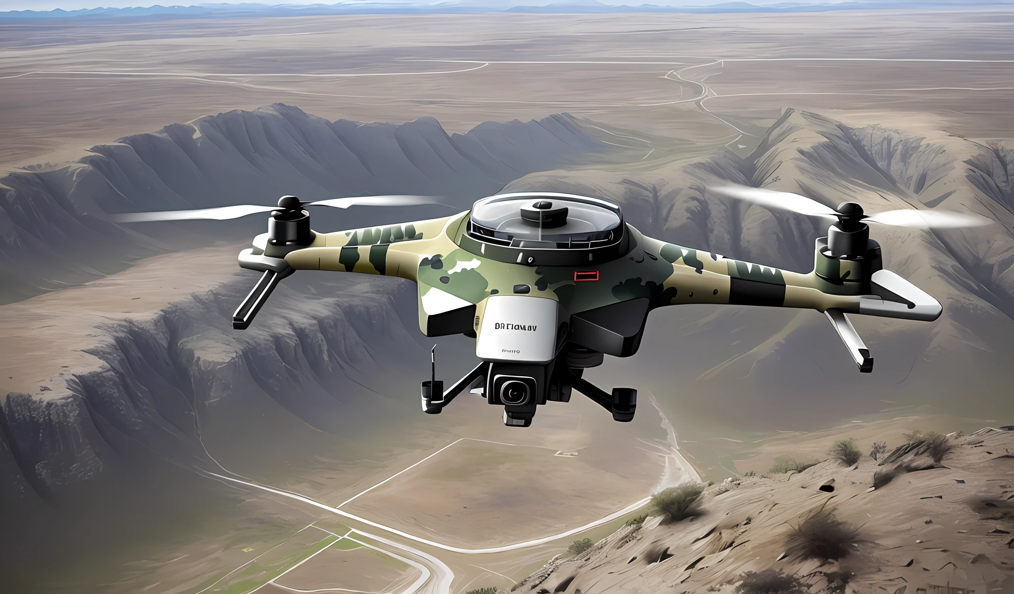 positioned in a difficult mountainous terrain, armed Unmanned Aerial Vehicles with a Flight Runway and defense systems, Military-Style Aerial view, high security, 360-degree camera, heat sensor, camouflage pattern