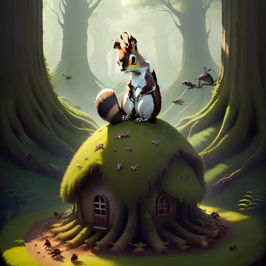 single squirrel perched on top of an anthill+large black ants crawling up the anthill+surrounded by acorns and moss patches -isolated imagery-mystical fantasy-upscale