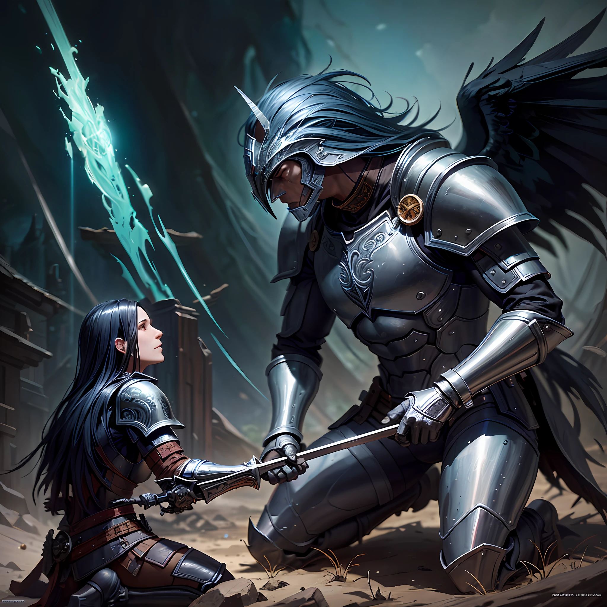 there is a man in armor kneeling down next to a warrior, fallen knight,battle scene donato giancola and tom bagshaw, gerald brom and vincent di fate, anthropomorphic raven knight, by Gonzalo Endara Crow, by Dave Dorman, frank quitely, dan mumford tom bagshaw, abaddon and magali villeneuve, artorias, ultra brightness, cinematic lighting