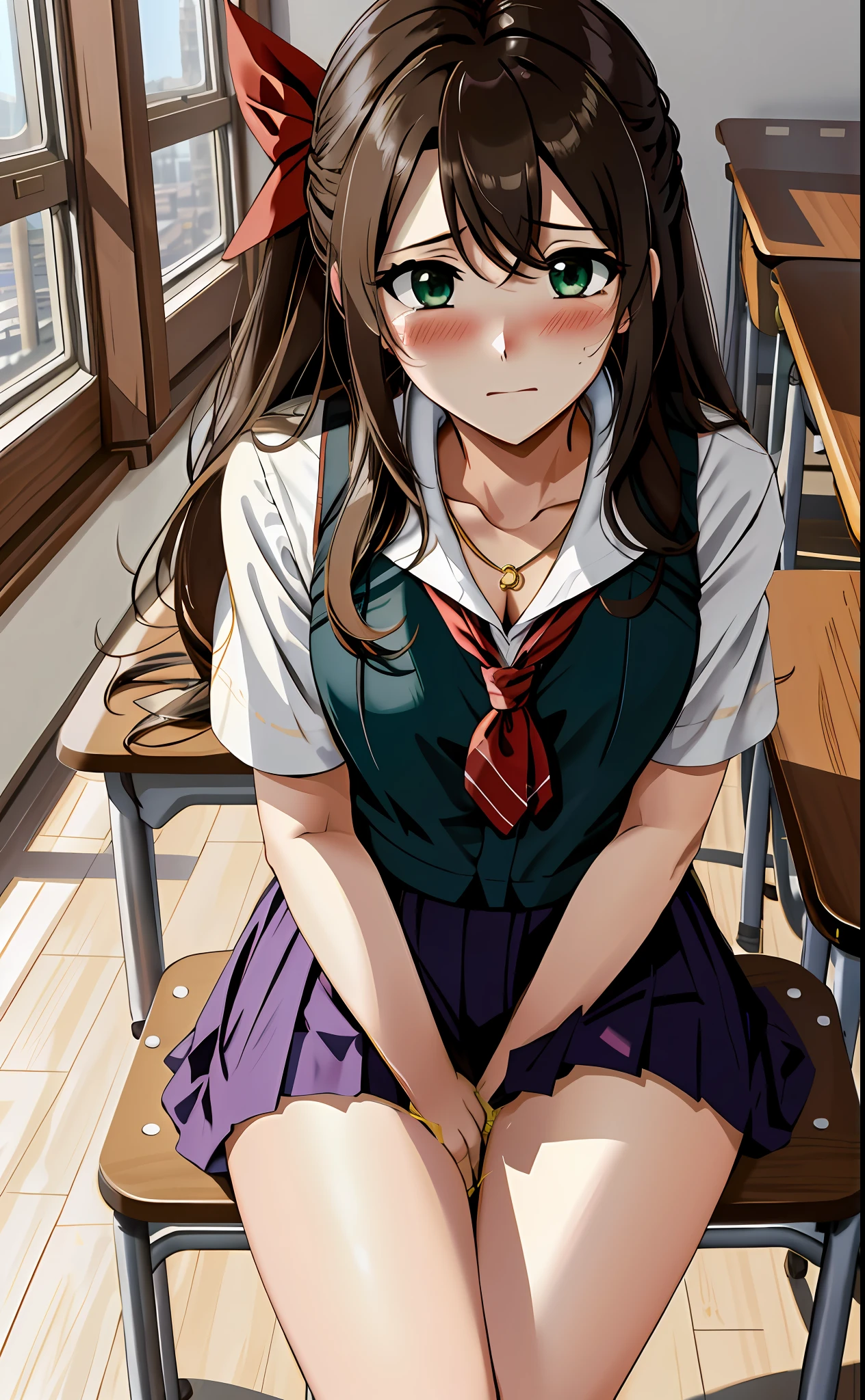 indoors, busy classroom, school desk with chair, sitting, other students sitting in class, a3r1th, upskirt panties view, legs together, a3r1th, peeing, peeing herself, perfect female figure, Aerith Gainsborough, pantyhose, holding pen, green eyes, school uniform, hair bow, bracelet, schoolgirl skirt, looking down nervously, shy, embarrassed, sad, crying, aroused, shocked, panicking, worried, very desperate to pee, urination, legs crossed, rape face, full-face blush, high detail, Realism, Hyperrealism, multiple views, perspective, ccurate, masterpiece, highres, UHD, anatomically correct, super detail, best quality, highres, 8k